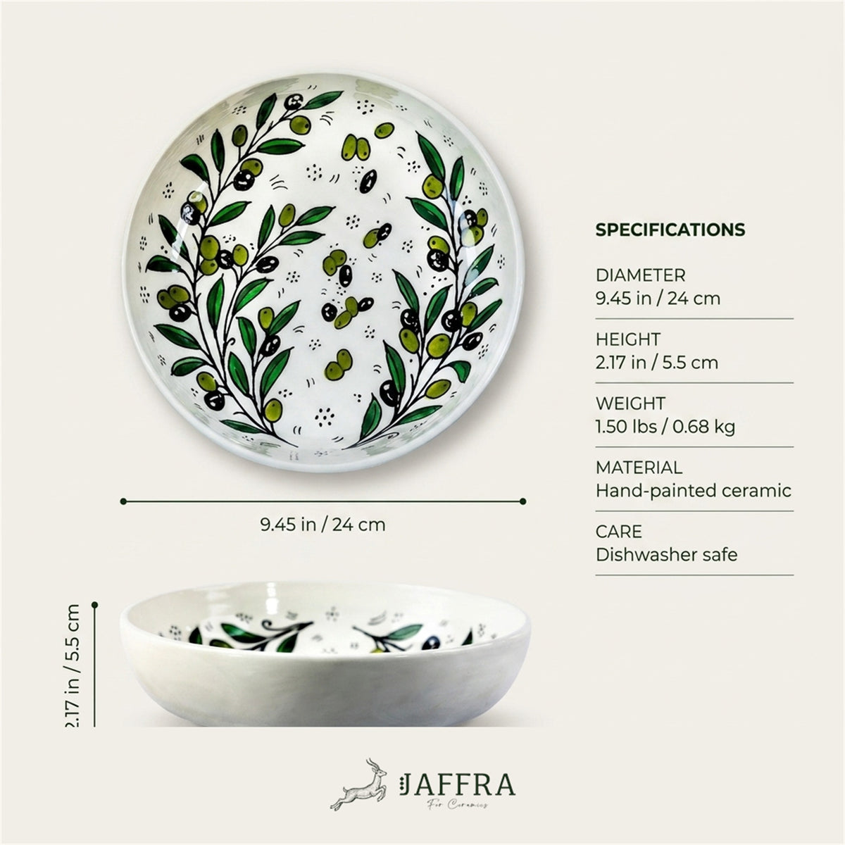 Round Ceramic Serving Bowl 9.45 Inch dimensions and specifications
