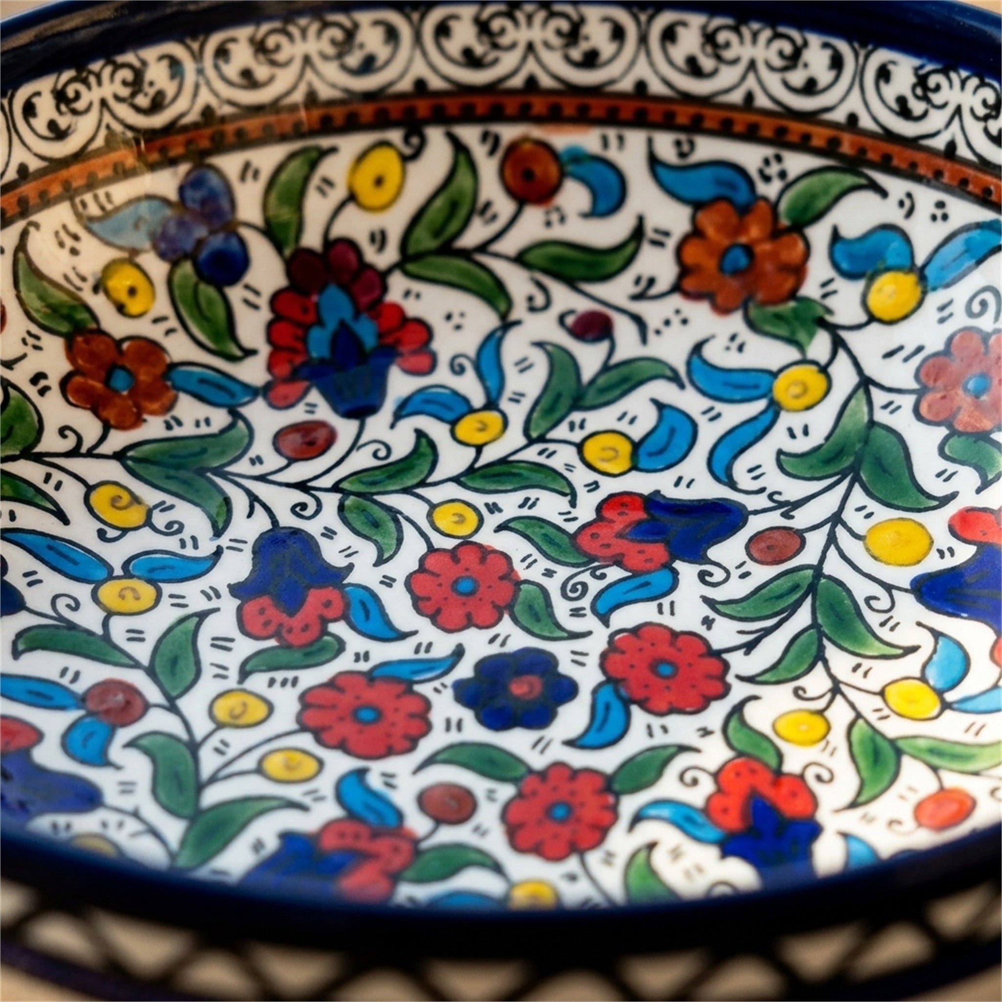 Round Ceramic Serving Bowl 9.45 Inch in Floral, close-up of the hand-painted detail
