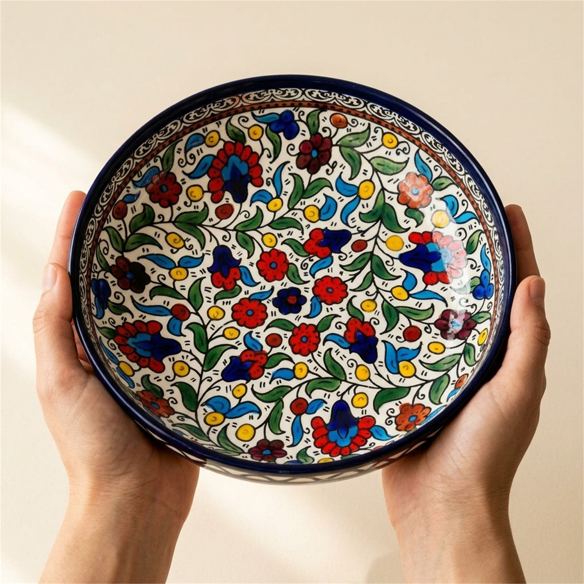 Round Ceramic Serving Bowl 9.45 Inch in Floral, held in hands to show scale