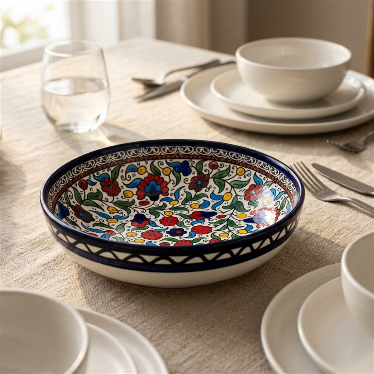 Round Ceramic Serving Bowl 9.45 Inch in Floral, styled on a set table