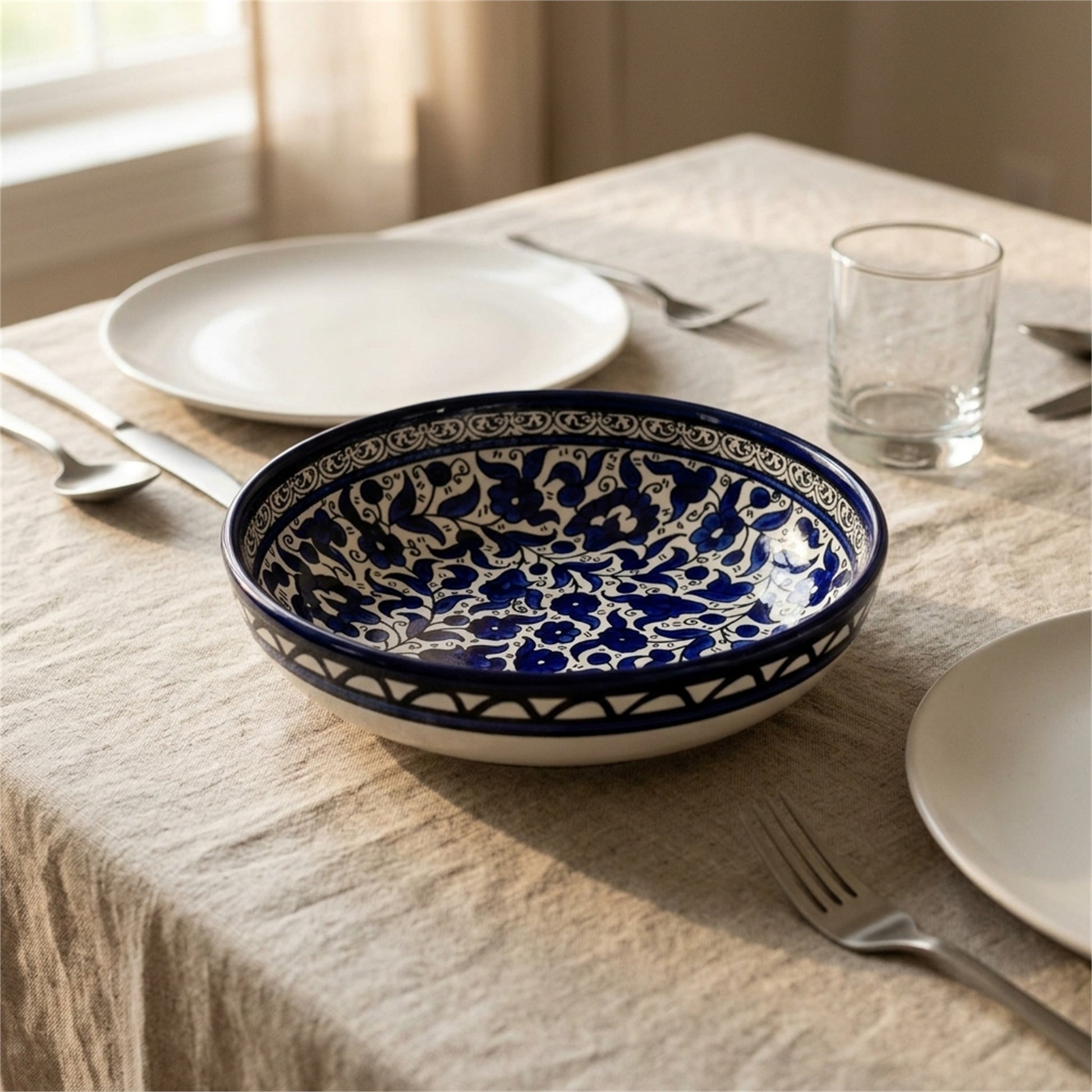 Round Ceramic Serving Bowl 9.45 Inch in Indigo, styled on a set table