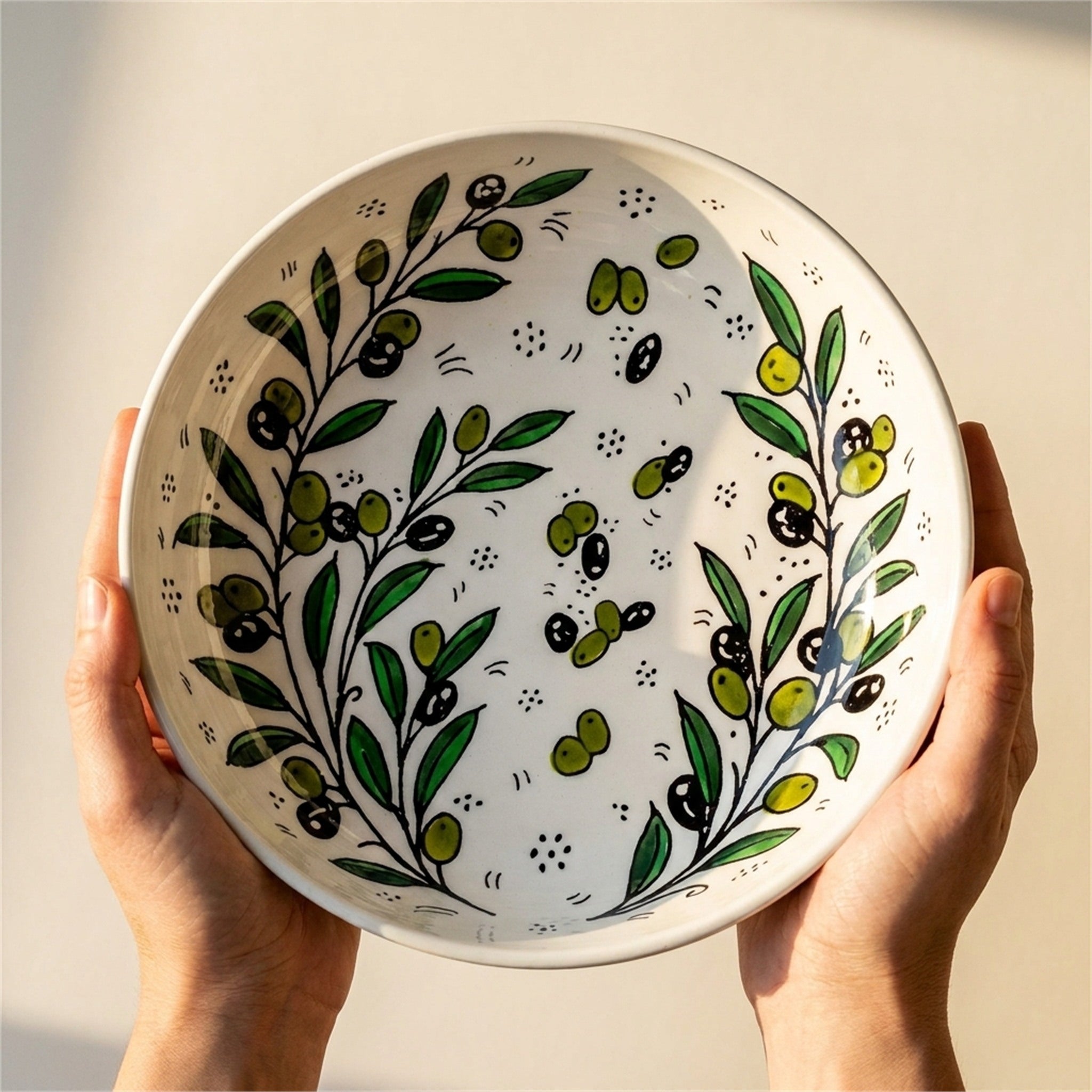 Round Ceramic Serving Bowl 9.45 Inch in Olive Green, held in hands to show scale