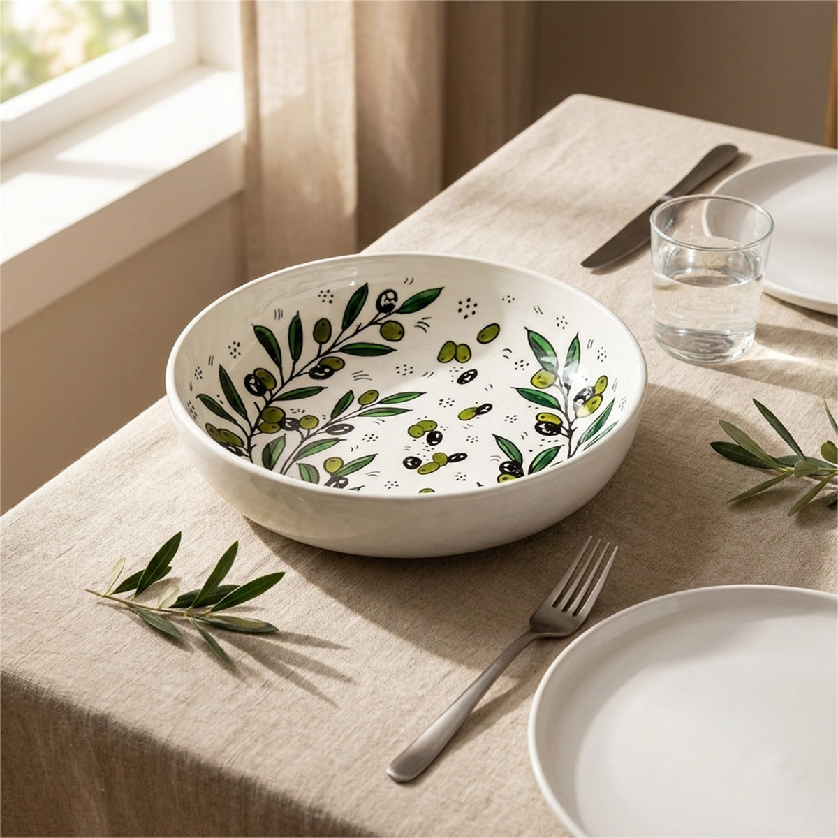 Round Ceramic Serving Bowl 9.45 Inch in Olive Green, styled on a set table