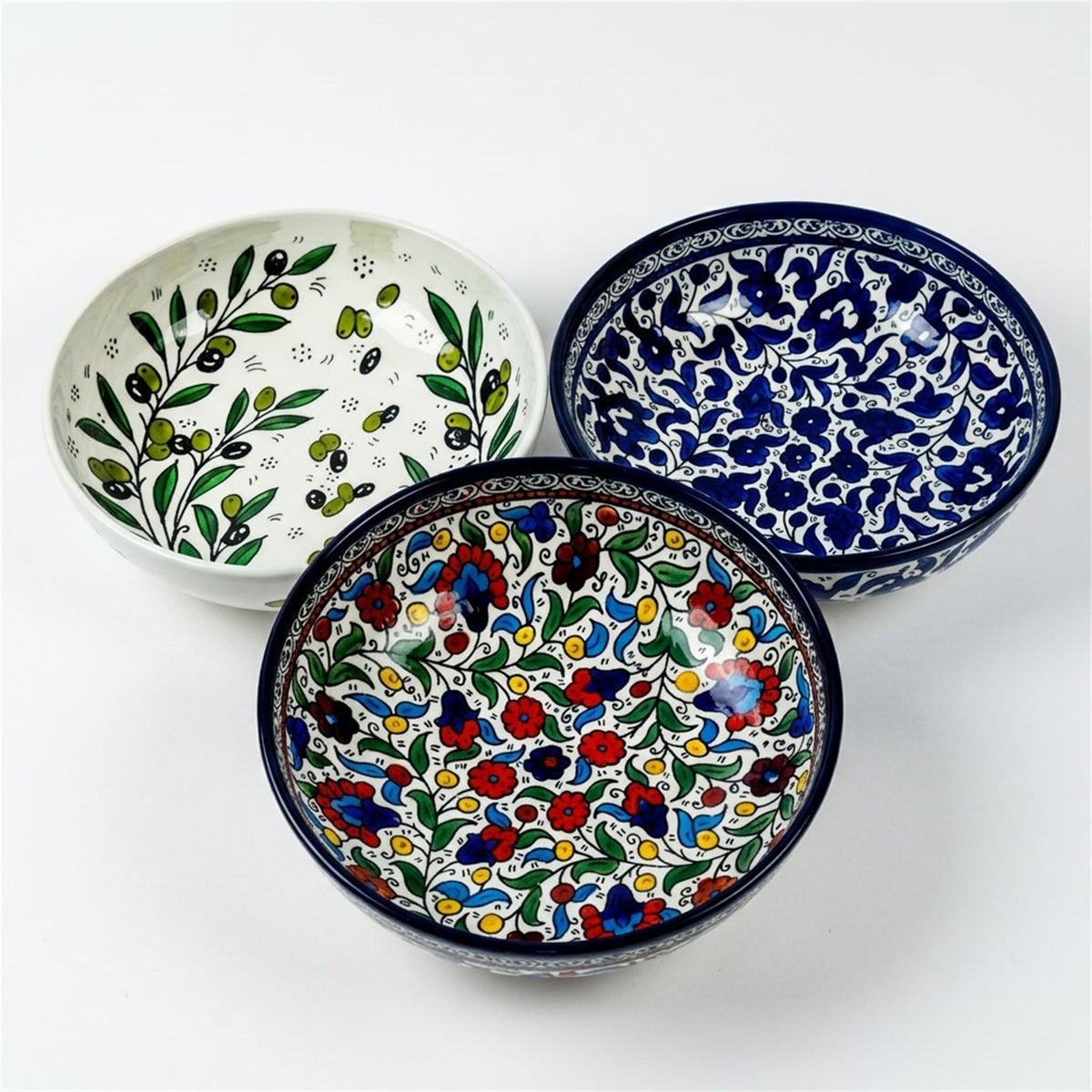 Round Ceramic Serving Bowl 9.45 Inch shown in all three hand-painted patterns