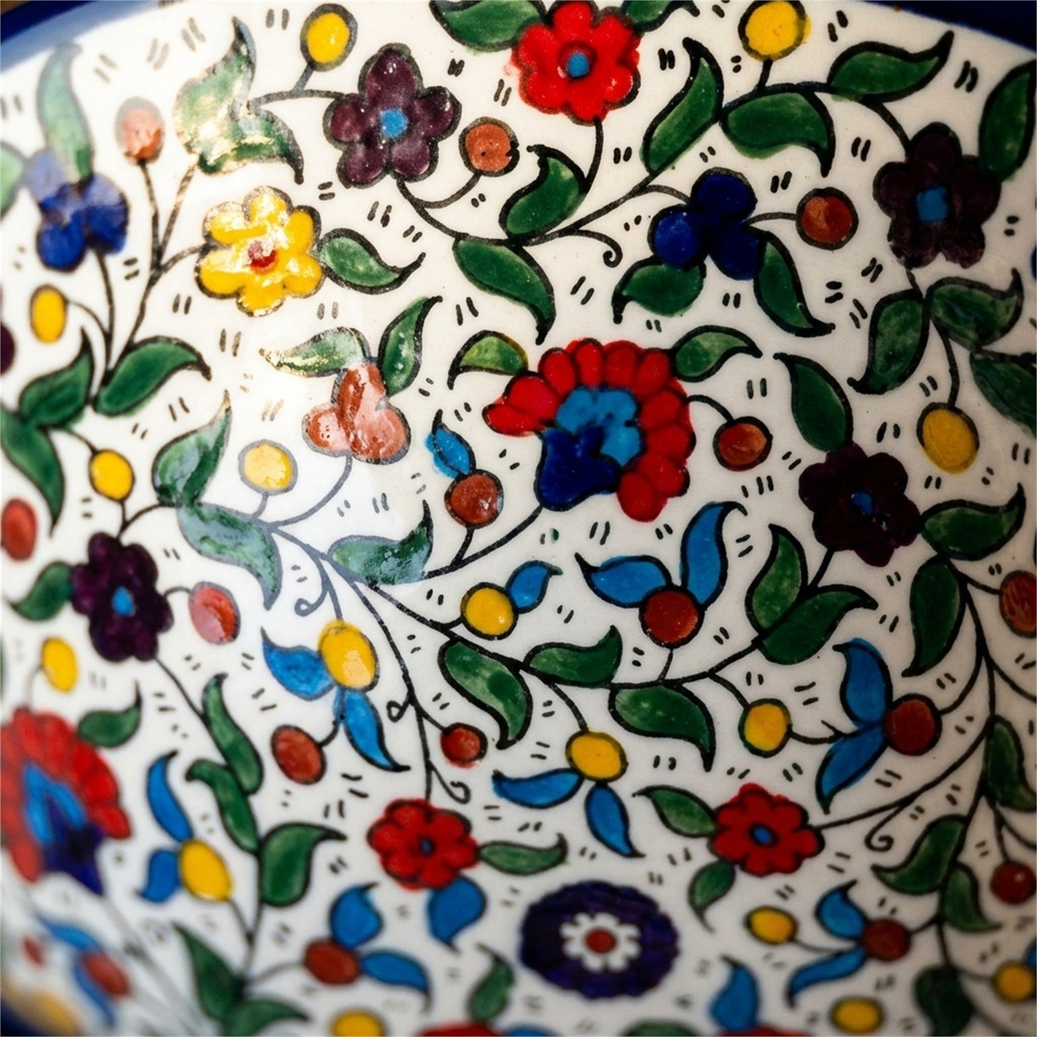 Round Ceramic Serving Bowl 9.84 Inch in Floral, close-up of the hand-painted detail