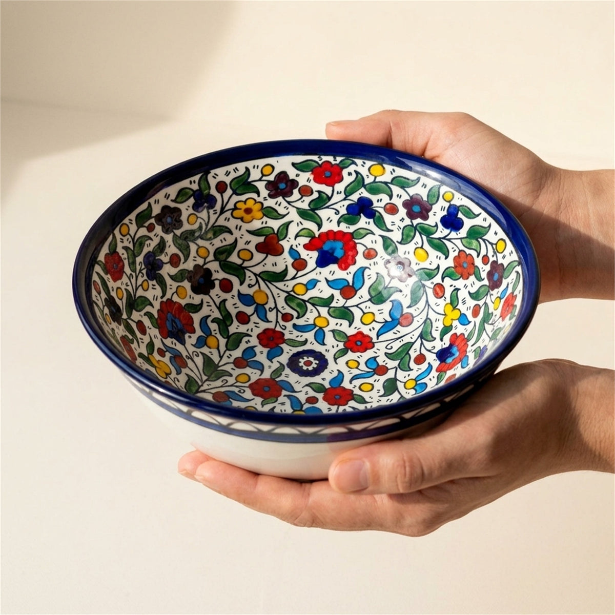 Round Ceramic Serving Bowl 9.84 Inch in Floral, held in hands to show scale