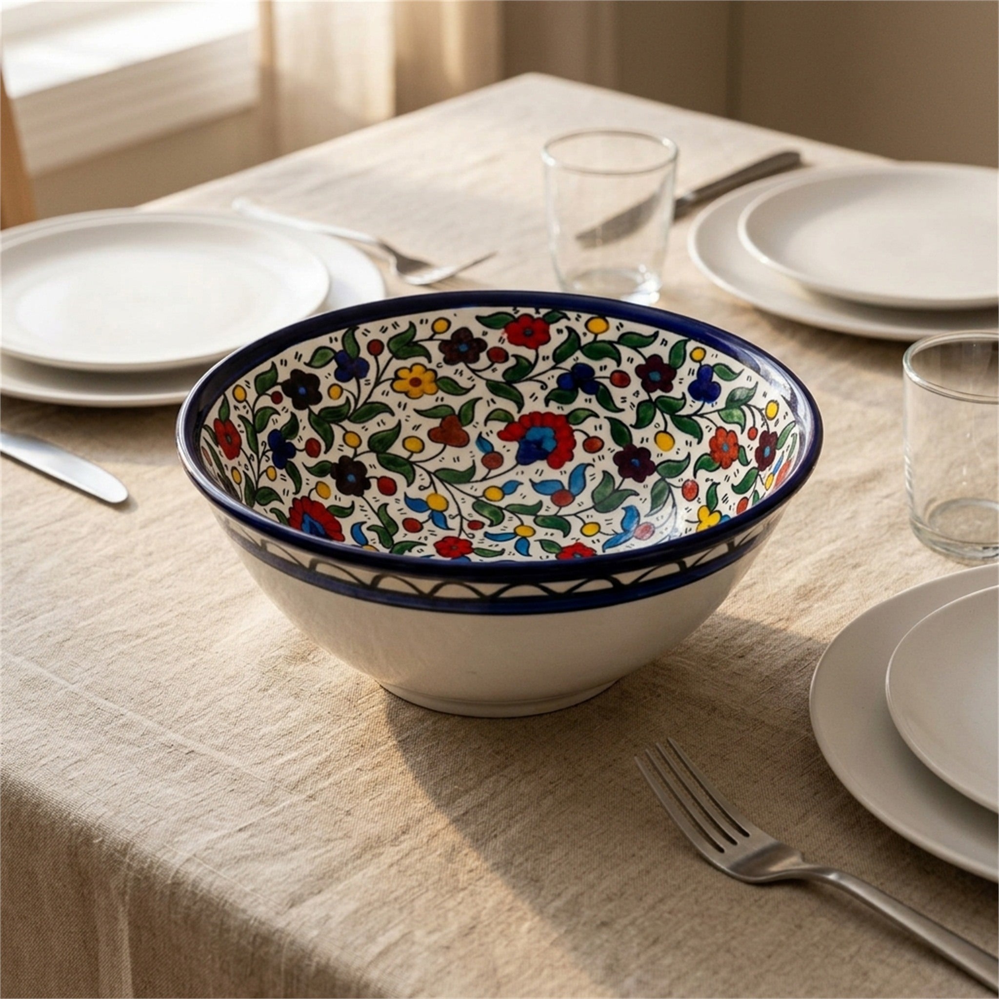 Round Ceramic Serving Bowl 9.84 Inch in Floral, styled on a set table