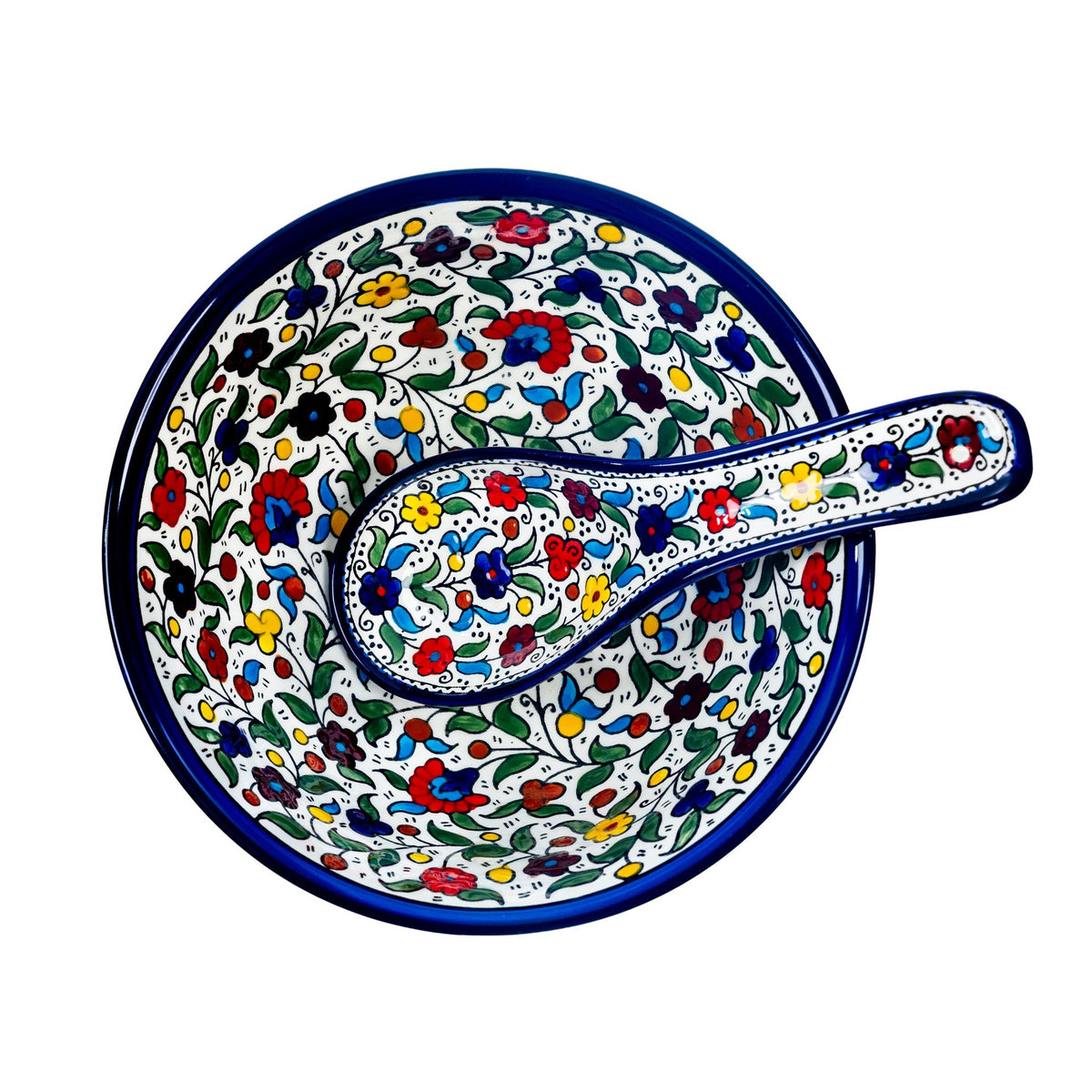 Round Ceramic Serving Bowl 9.84 Inch in Floral, shown with a serving spoon