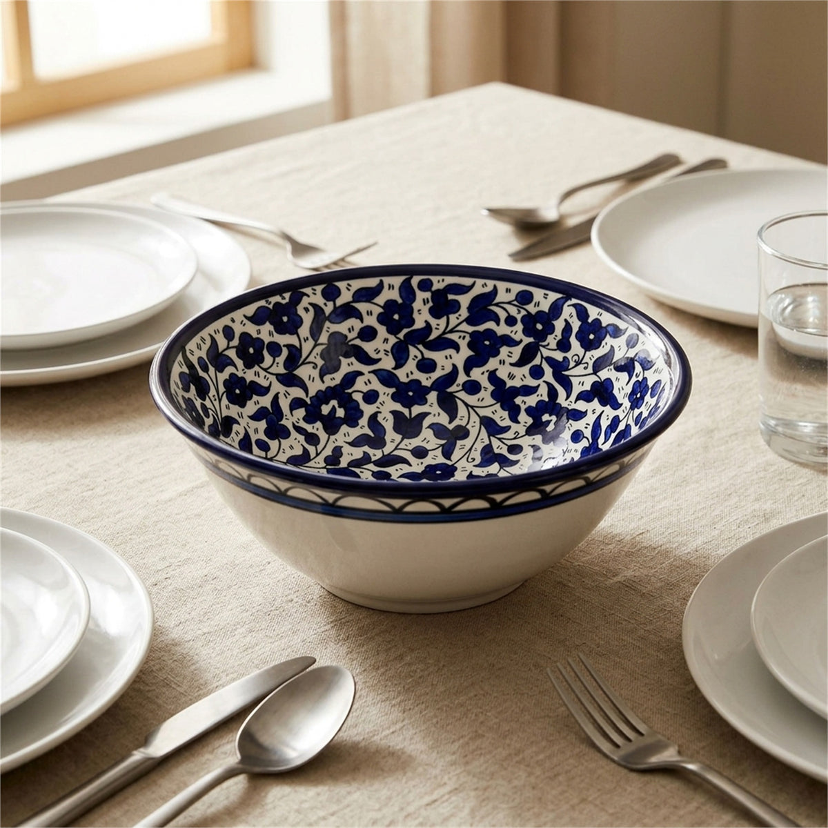 Round Ceramic Serving Bowl 9.84 Inch in Indigo, styled on a set table
