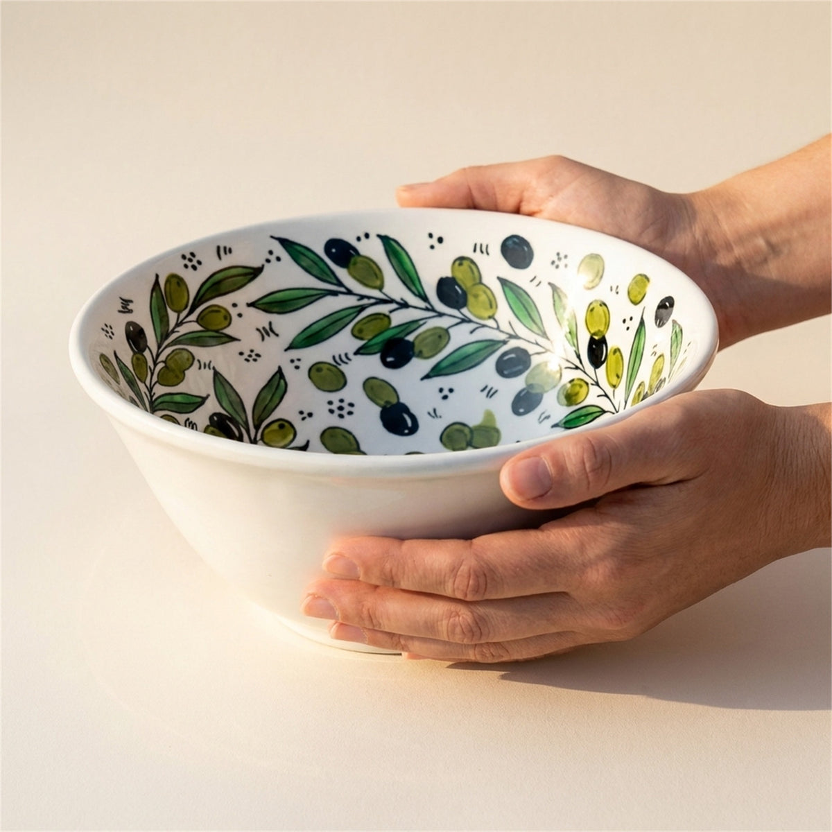 Round Ceramic Serving Bowl 9.84 Inch in Olive Green, held in hands to show scale