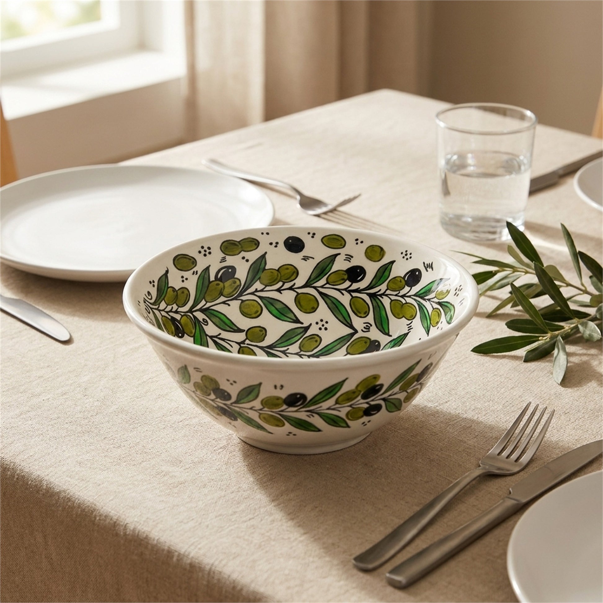 Round Ceramic Serving Bowl 9.84 Inch in Olive Green, styled on a set table
