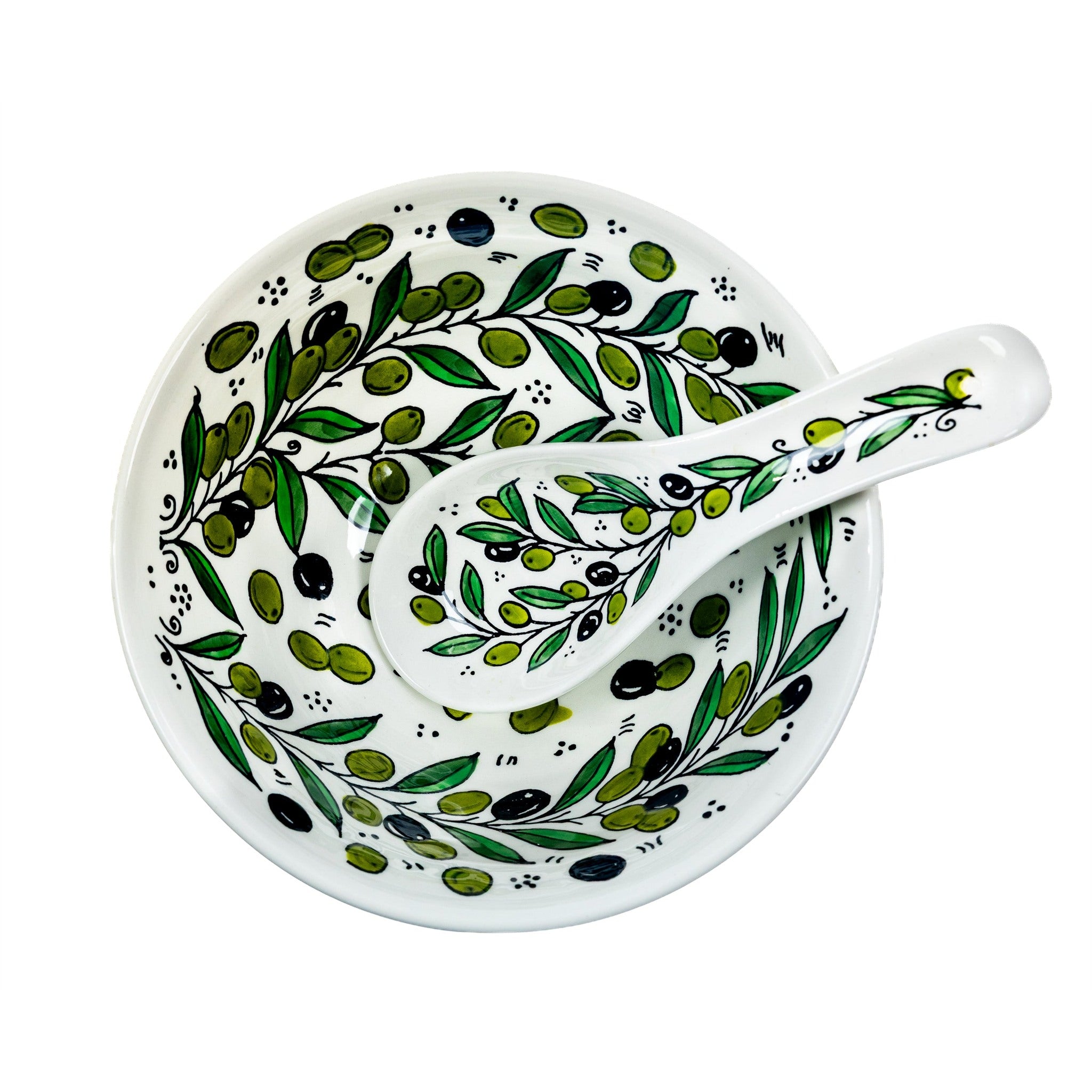 Round Ceramic Serving Bowl 9.84 Inch in Olive Green, shown with a serving spoon