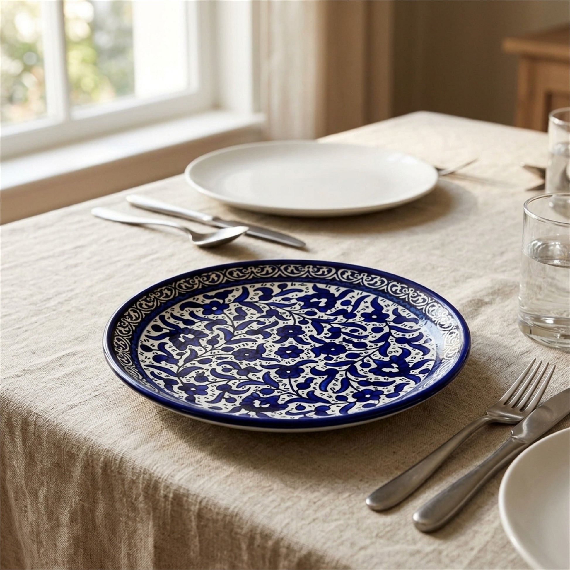 Round Ceramic Serving Dish 7.48 Inch in Indigo, styled on a set table