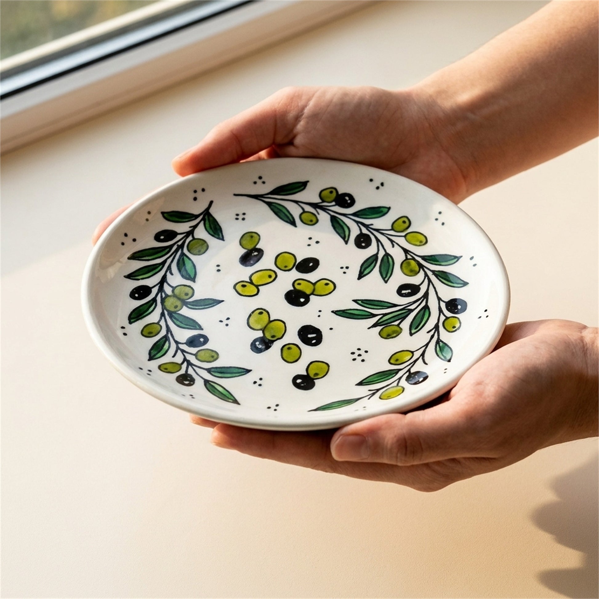 Round Ceramic Serving Dish 7.48 Inch in Olive Green, held in hands to show scale