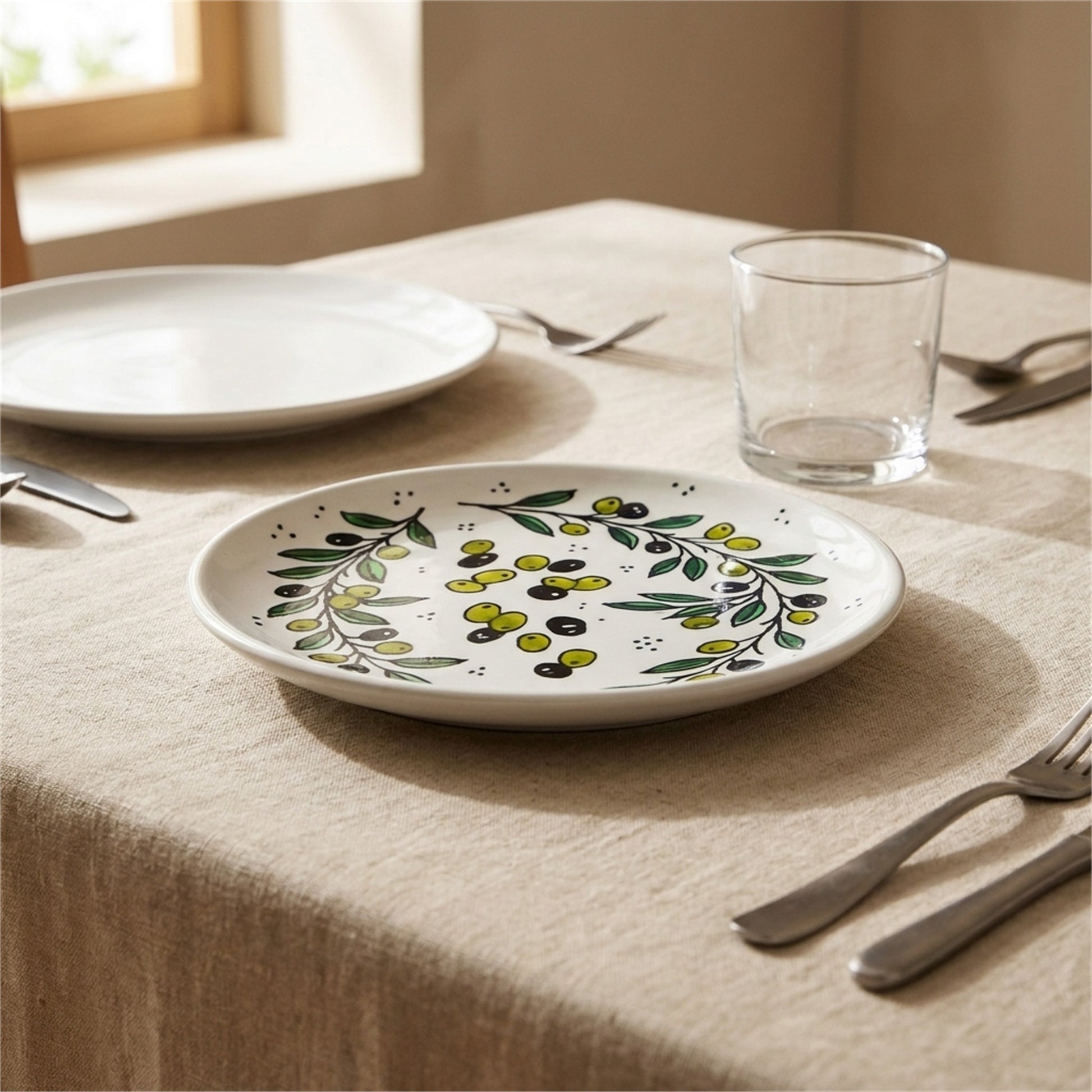 Round Ceramic Serving Dish 7.48 Inch in Olive Green, styled on a set table