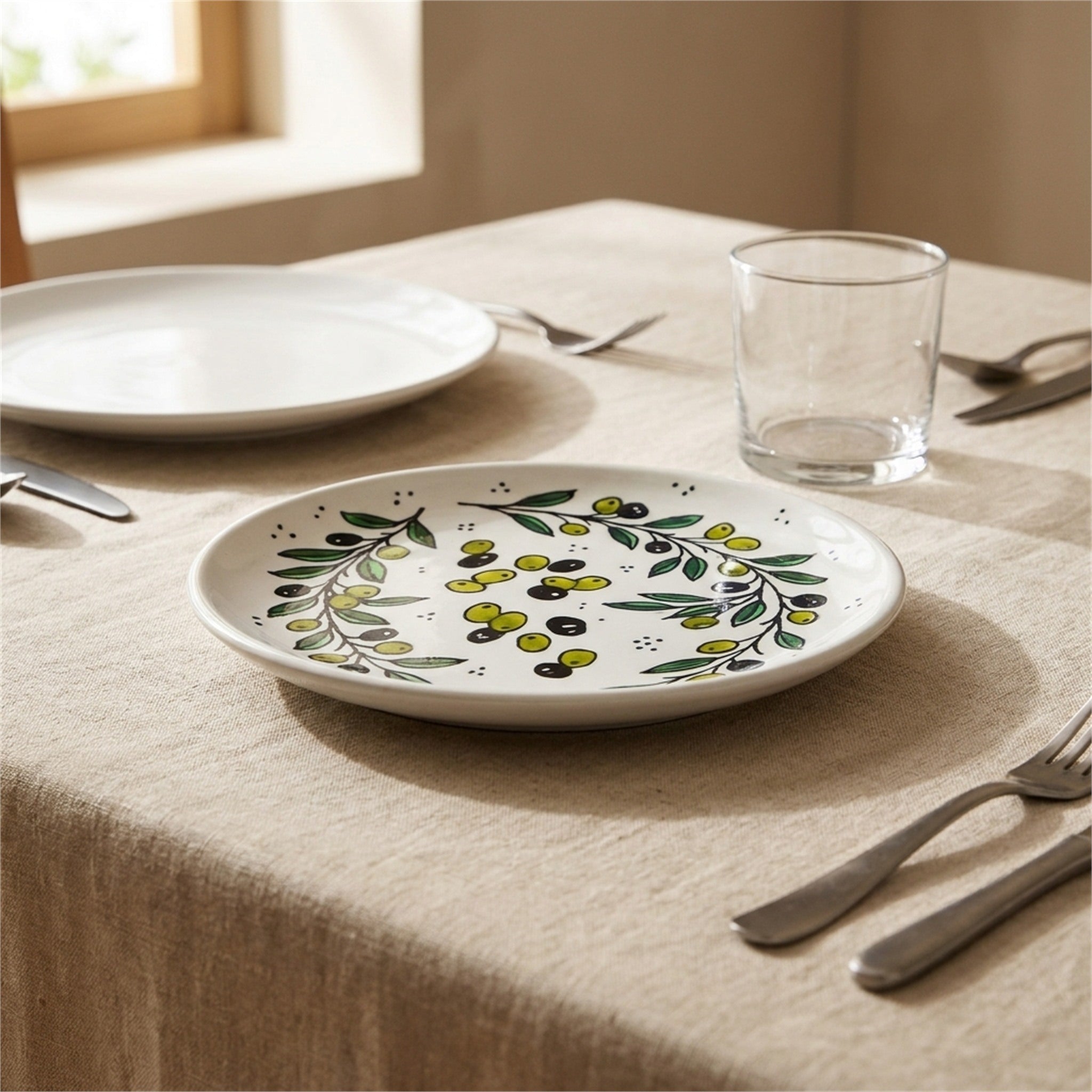 Round Ceramic Serving Dish 7.48 Inch in Olive Green, styled on a set table