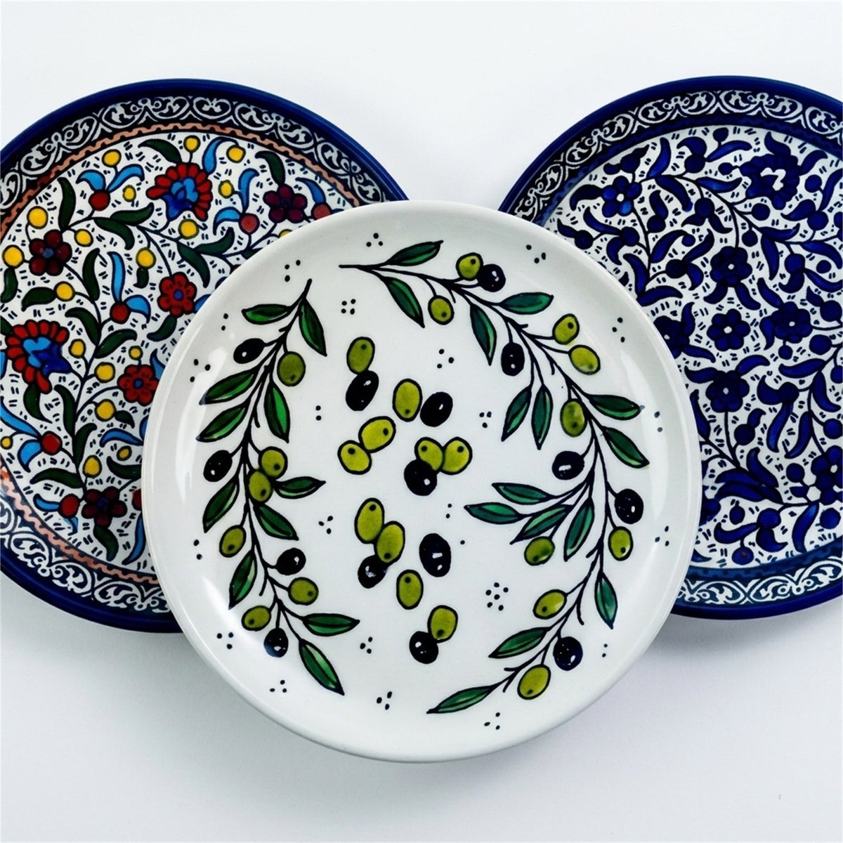 Round Ceramic Serving Dish 7.48 Inch shown in all three hand-painted patterns