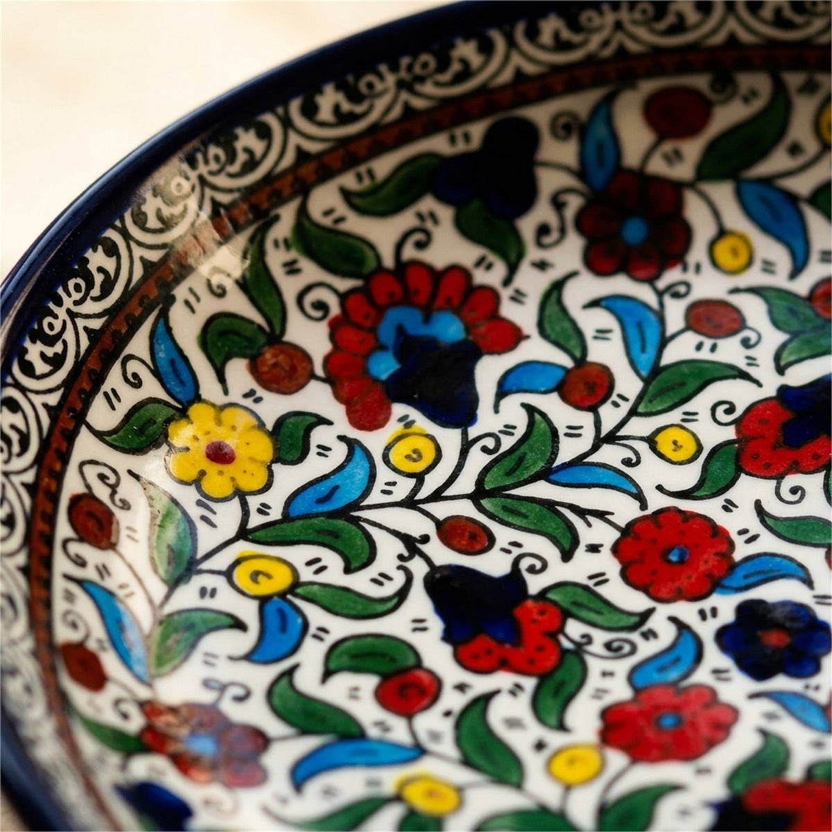 Round Ceramic Serving Dish 9.84 Inch in Floral, close-up of the hand-painted detail