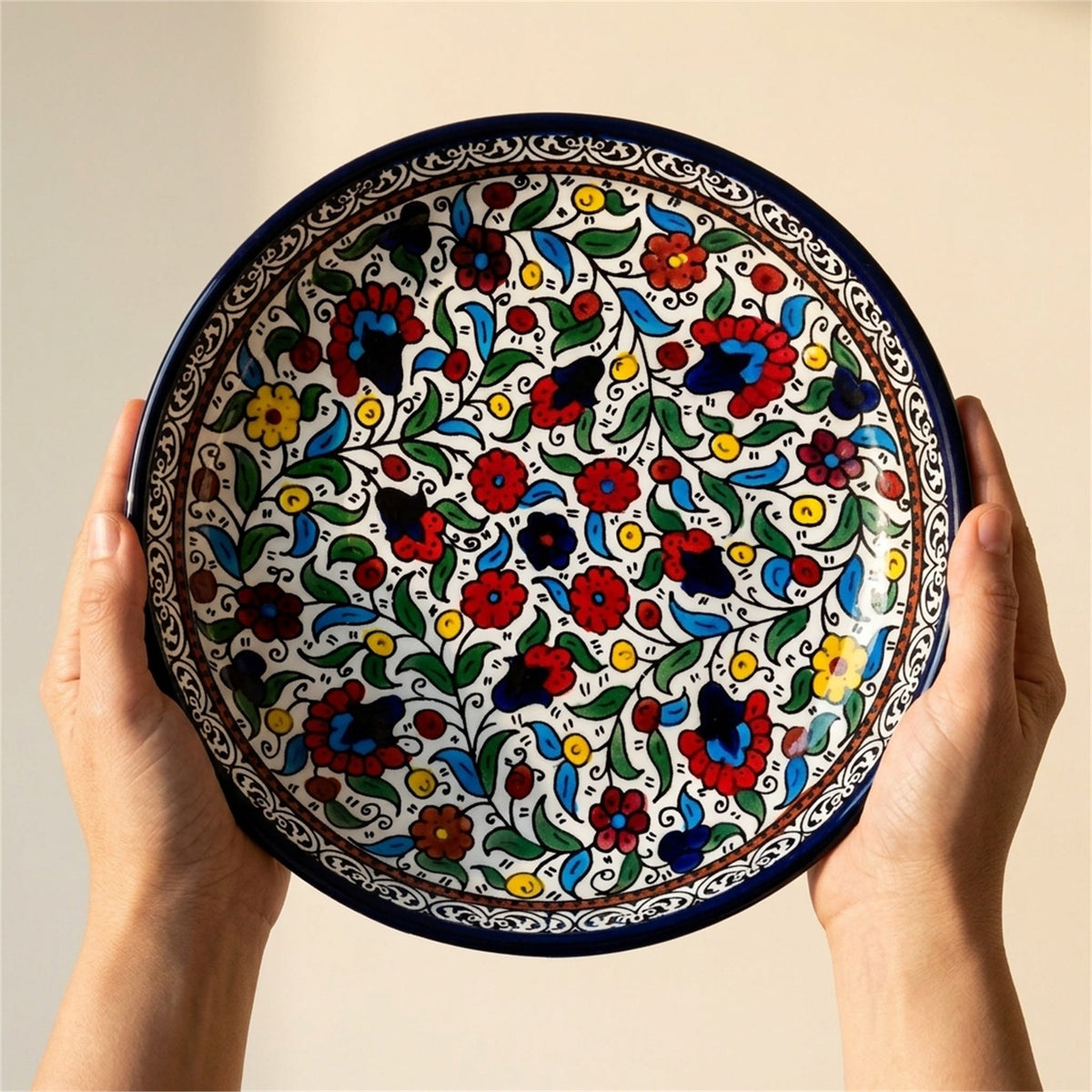 Round Ceramic Serving Dish 9.84 Inch in Floral, held in hands to show scale
