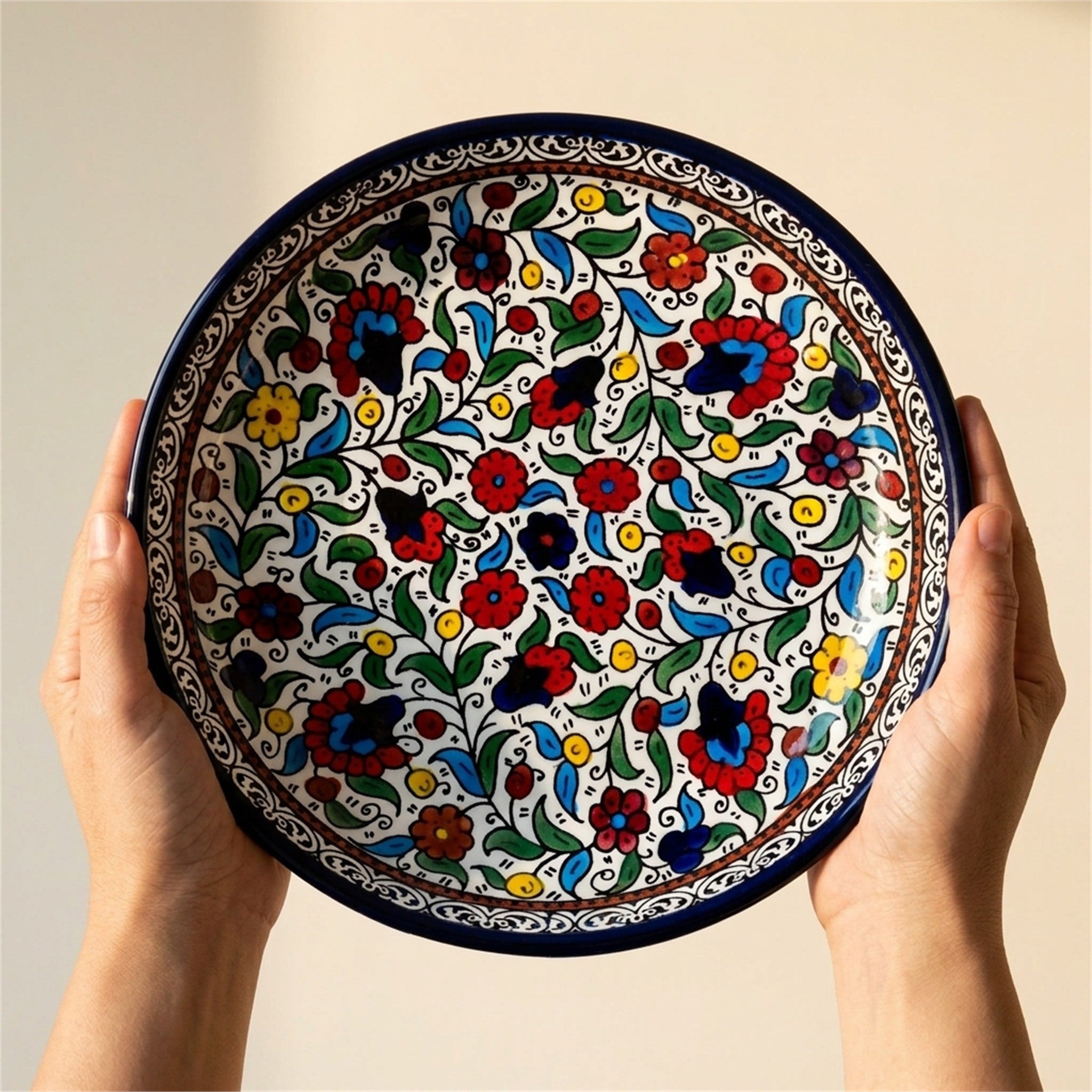 Round Ceramic Serving Dish 9.84 Inch in Floral, held in hands to show scale