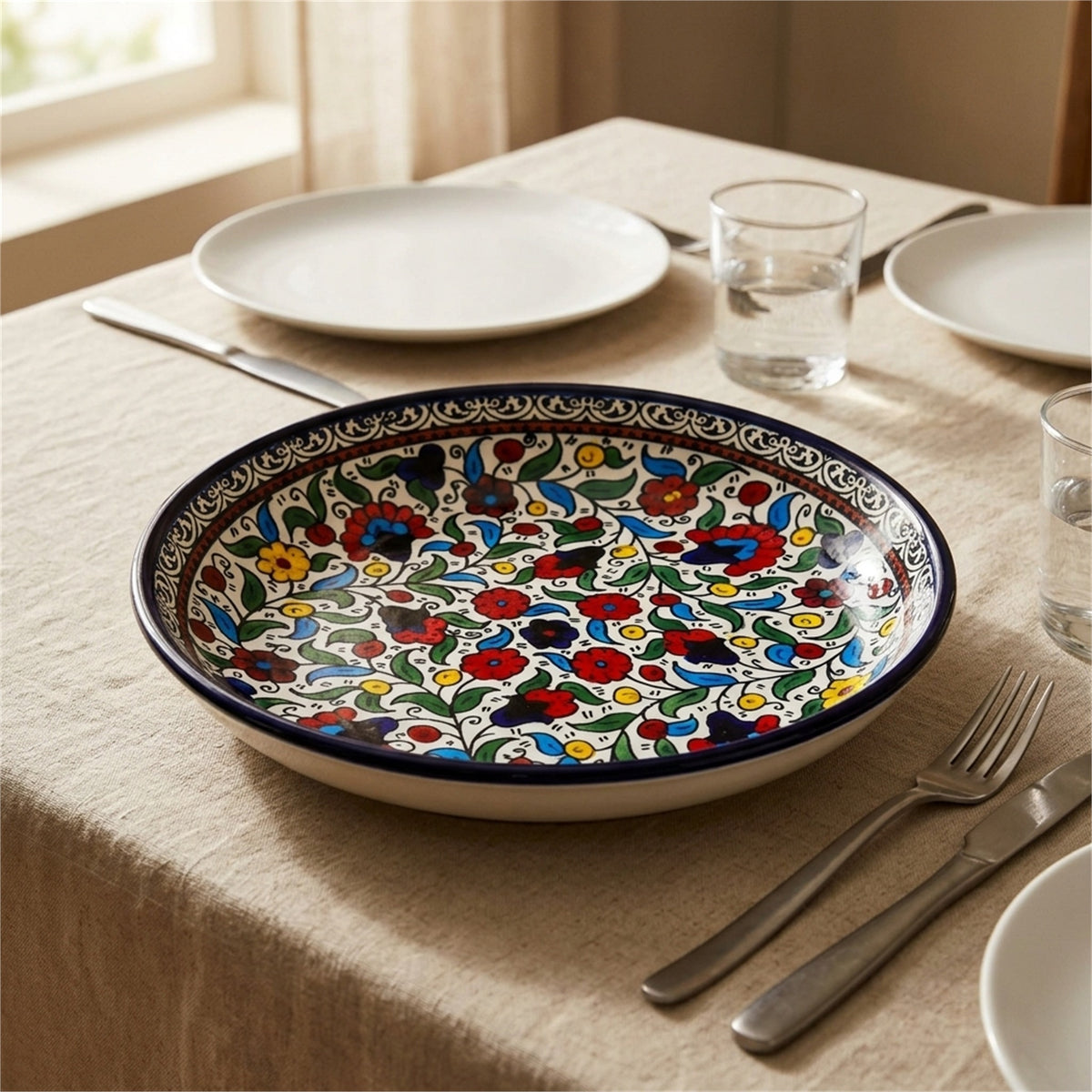 Round Ceramic Serving Dish 9.84 Inch in Floral, styled on a set table