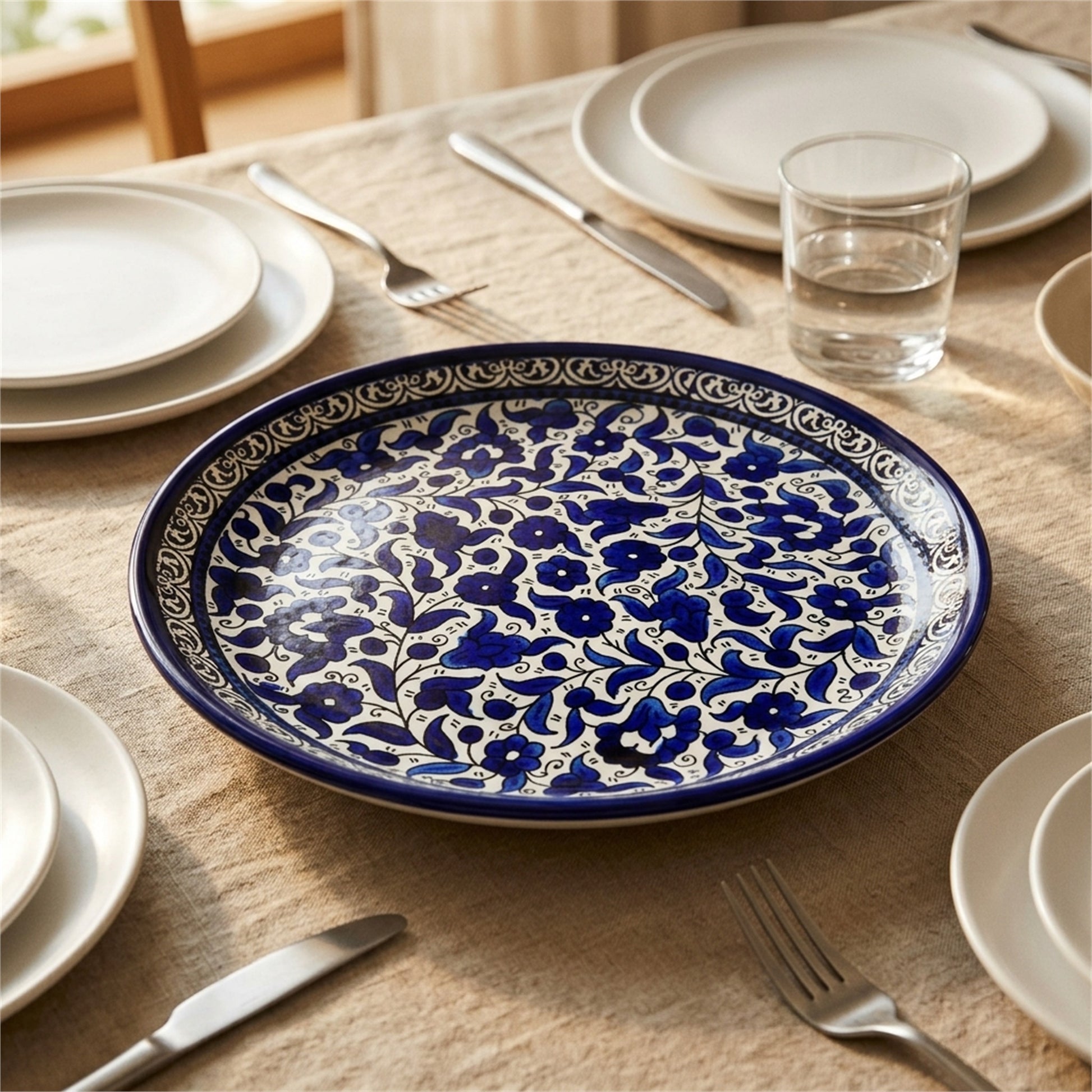 Round Ceramic Serving Dish 9.84 Inch in Indigo, styled on a set table