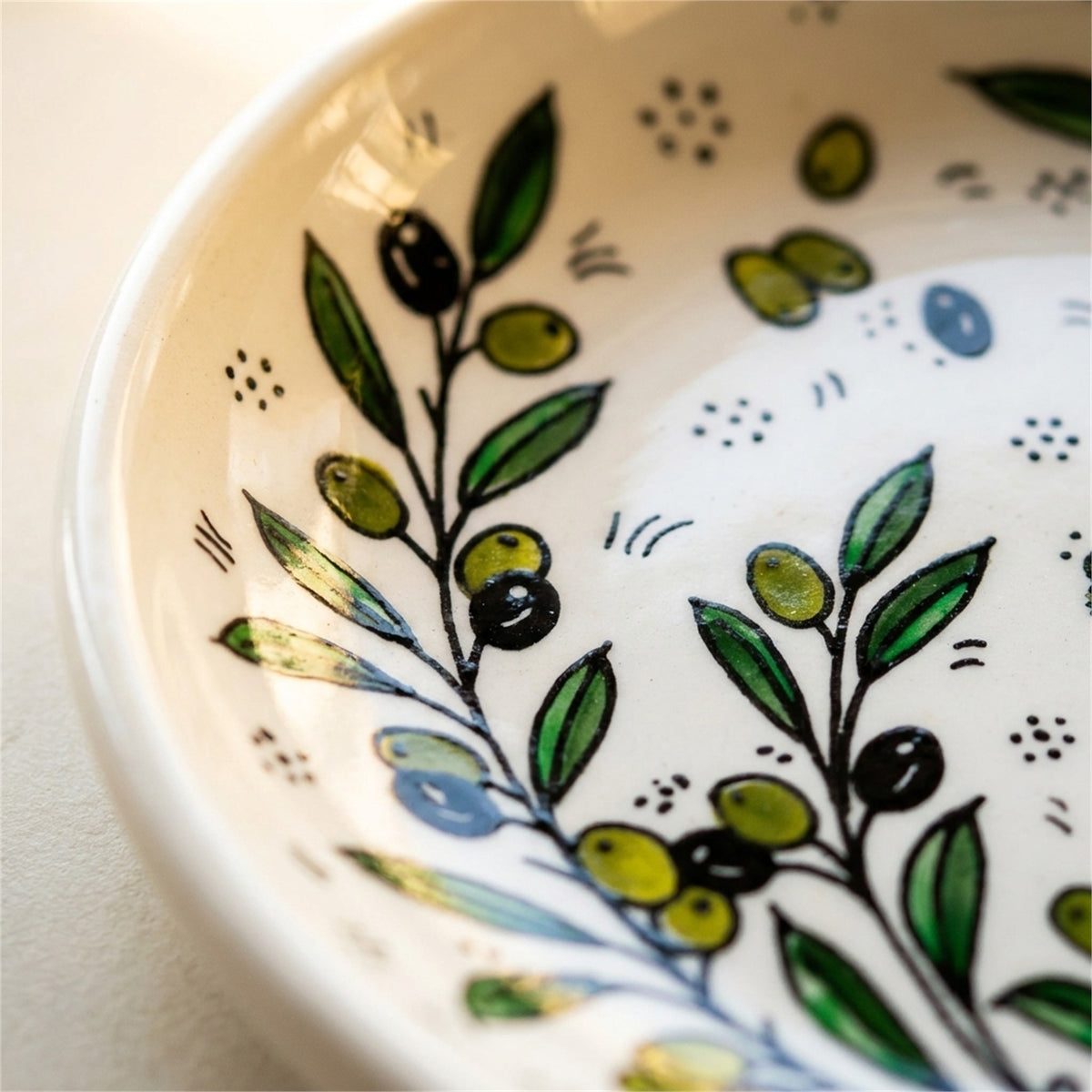 Round Ceramic Serving Dish 9.84 Inch in Olive Green, close-up of the hand-painted detail