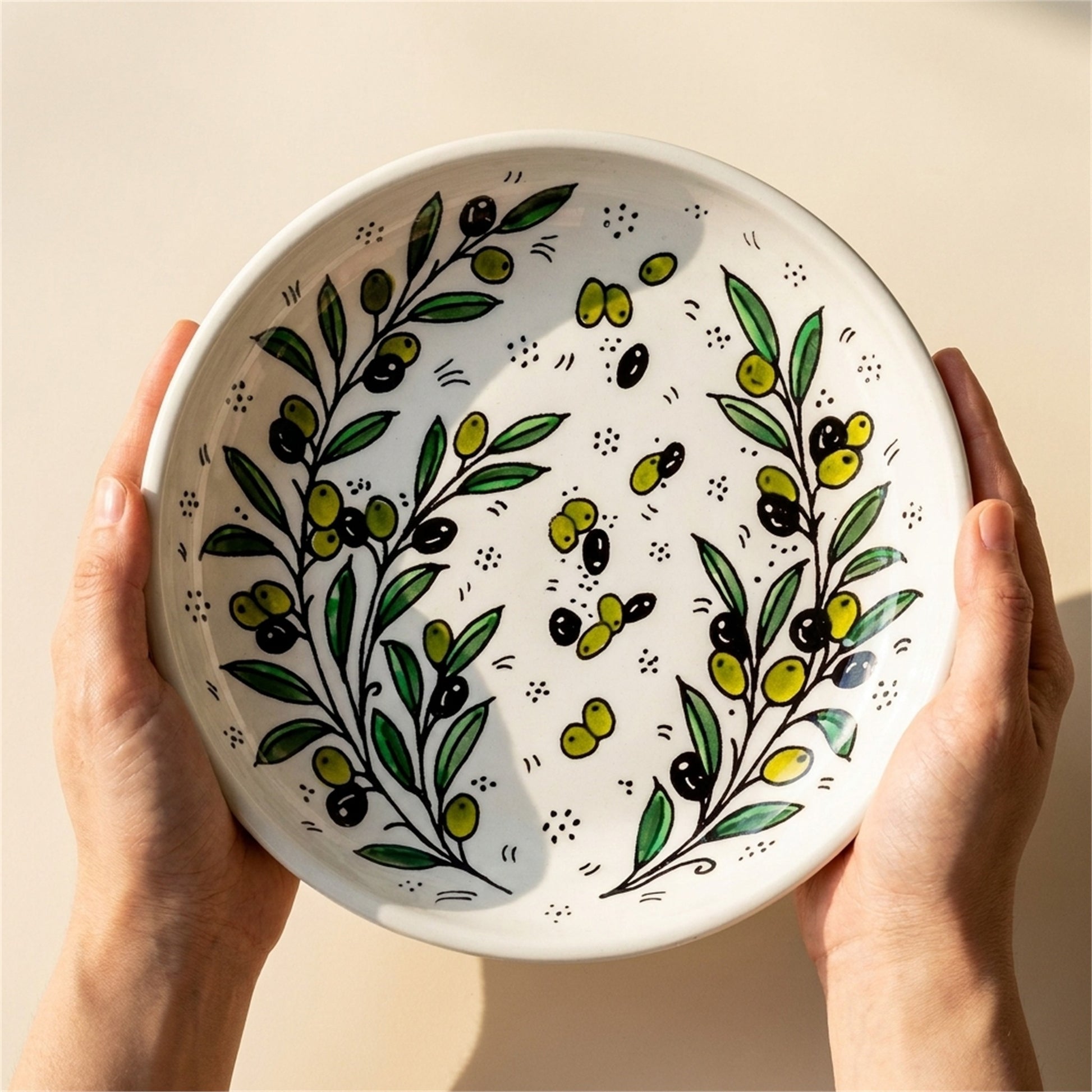 Round Ceramic Serving Dish 9.84 Inch in Olive Green, held in hands to show scale