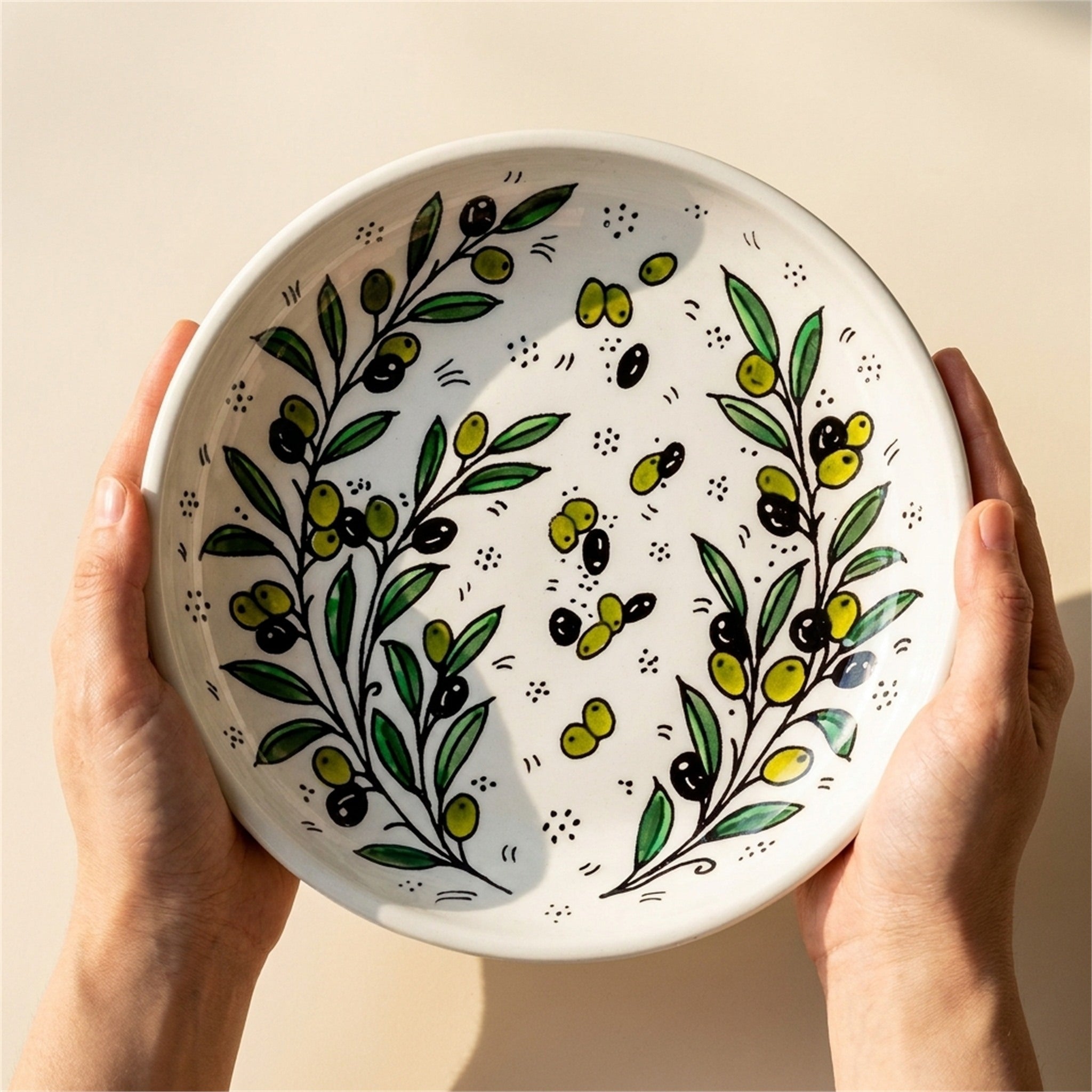 Round Ceramic Serving Dish 9.84 Inch in Olive Green, held in hands to show scale