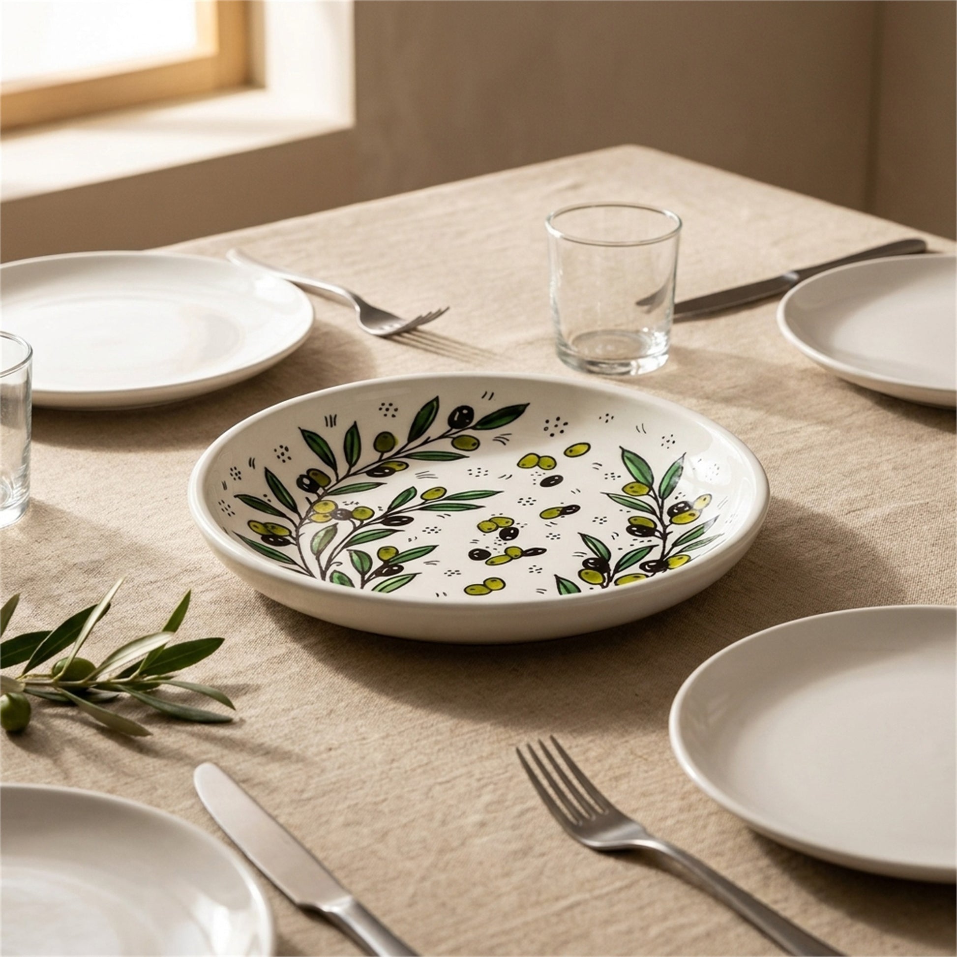 Round Ceramic Serving Dish 9.84 Inch in Olive Green, styled on a set table