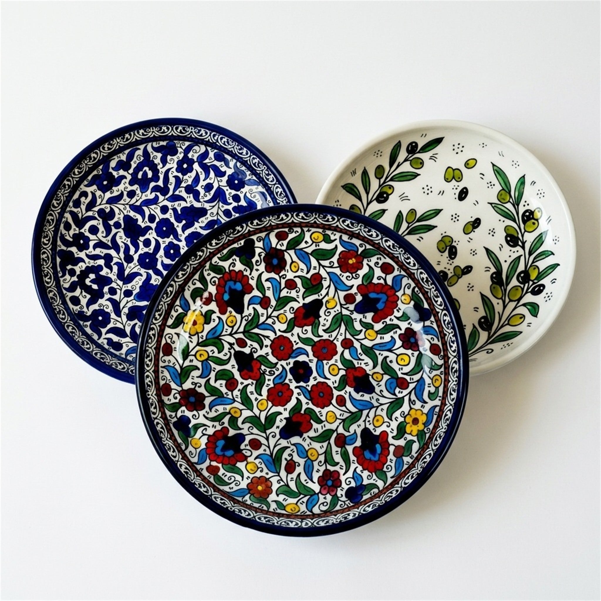 Round Ceramic Serving Dish 9.84 Inch shown in all three hand-painted patterns