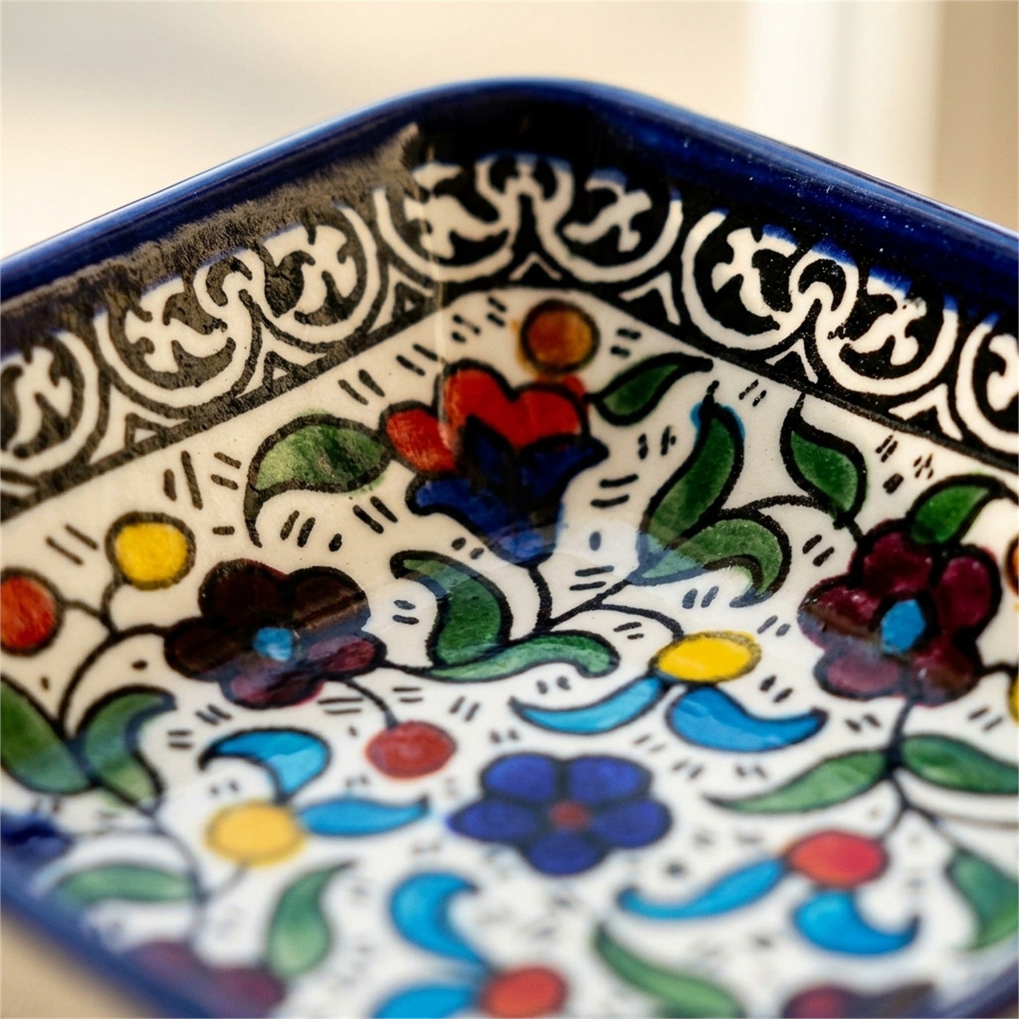 Square Serving Bowl 3.94 Inch in Floral, close-up of the hand-painted detail