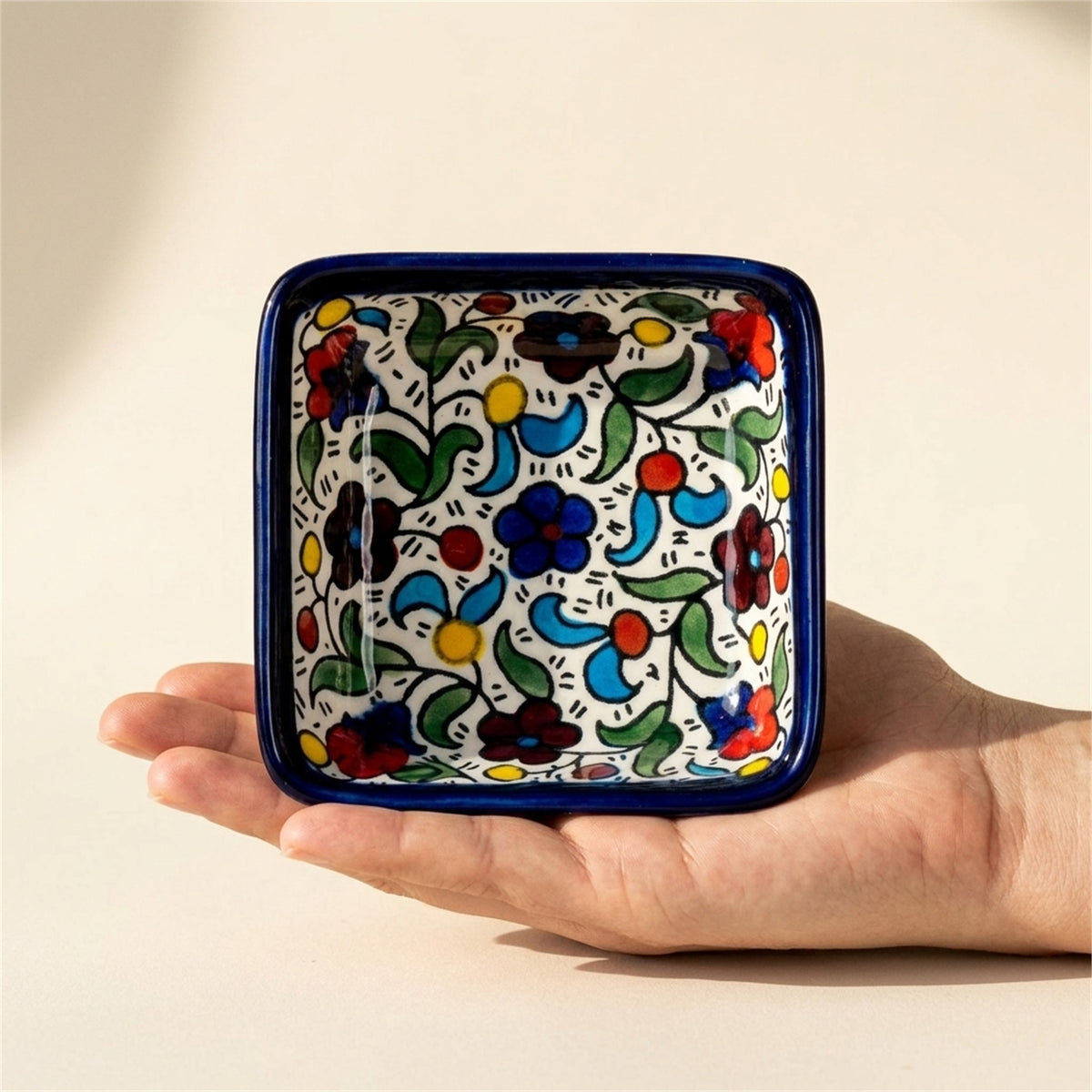 Square Serving Bowl 3.94 Inch in Floral, held in hands to show scale