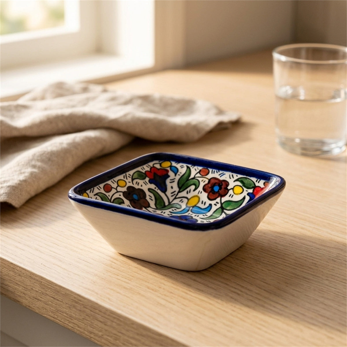 Square Serving Bowl 3.94 Inch in Floral, styled on a set table
