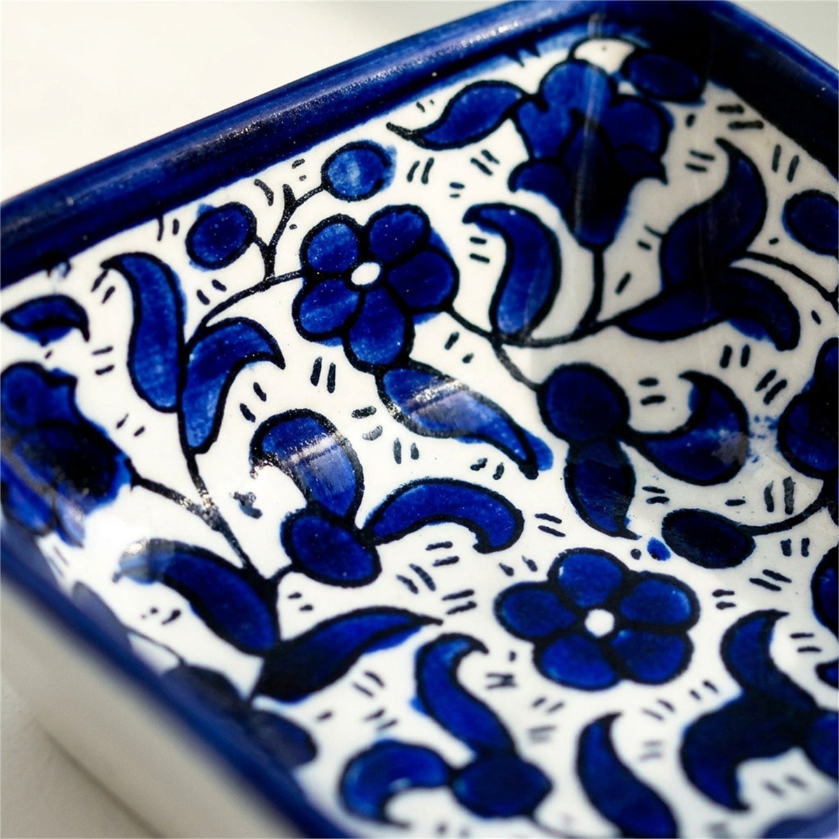 Square Serving Bowl 3.94 Inch in Indigo, close-up of the hand-painted detail