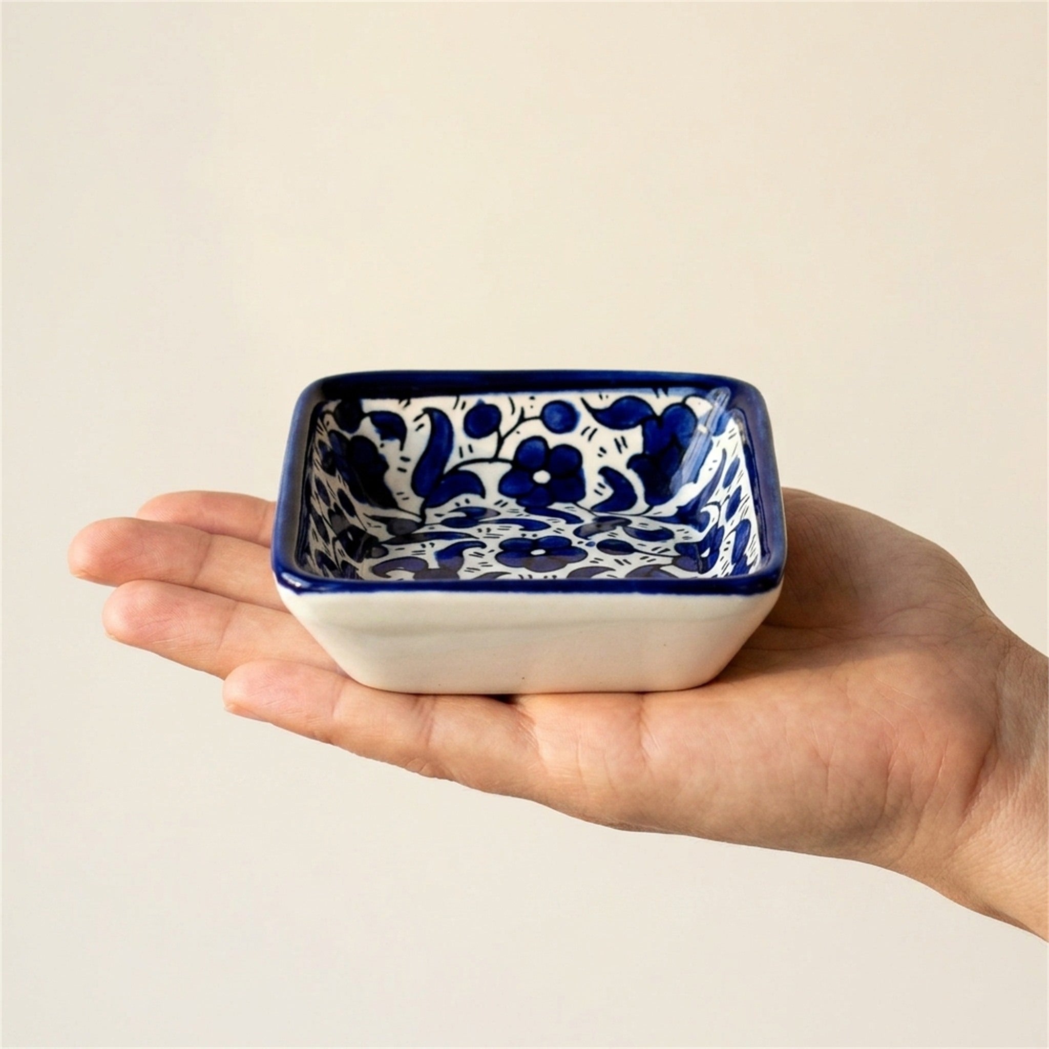 Square Serving Bowl 3.94 Inch in Indigo, held in hands to show scale