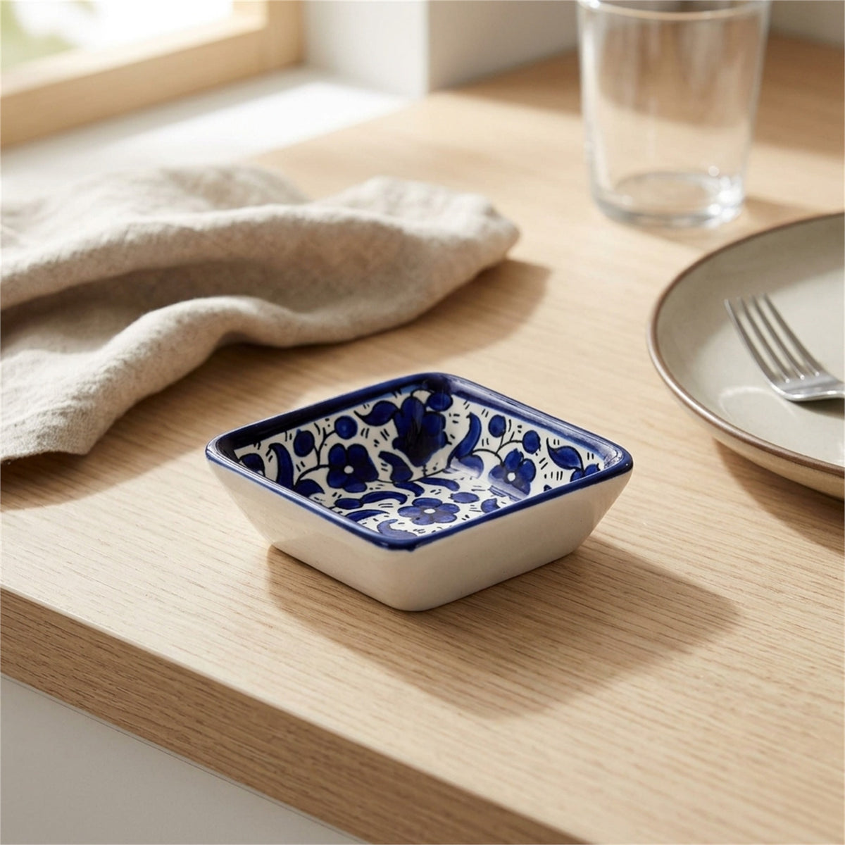 Square Serving Bowl 3.94 Inch in Indigo, styled on a set table