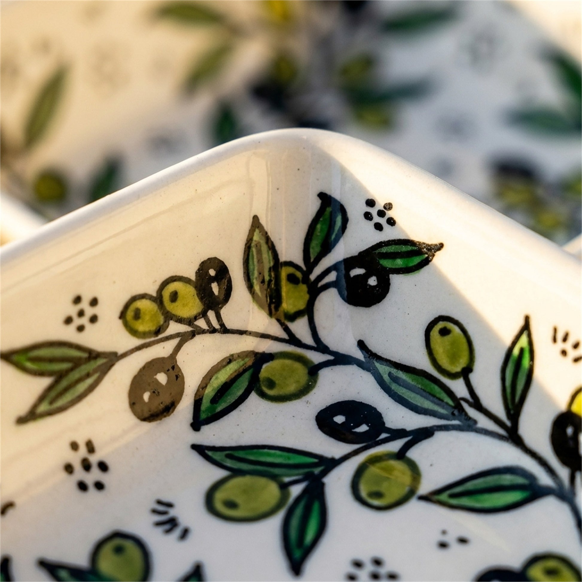 Square Serving Bowl 3.94 Inch in Olive Green, close-up of the hand-painted detail