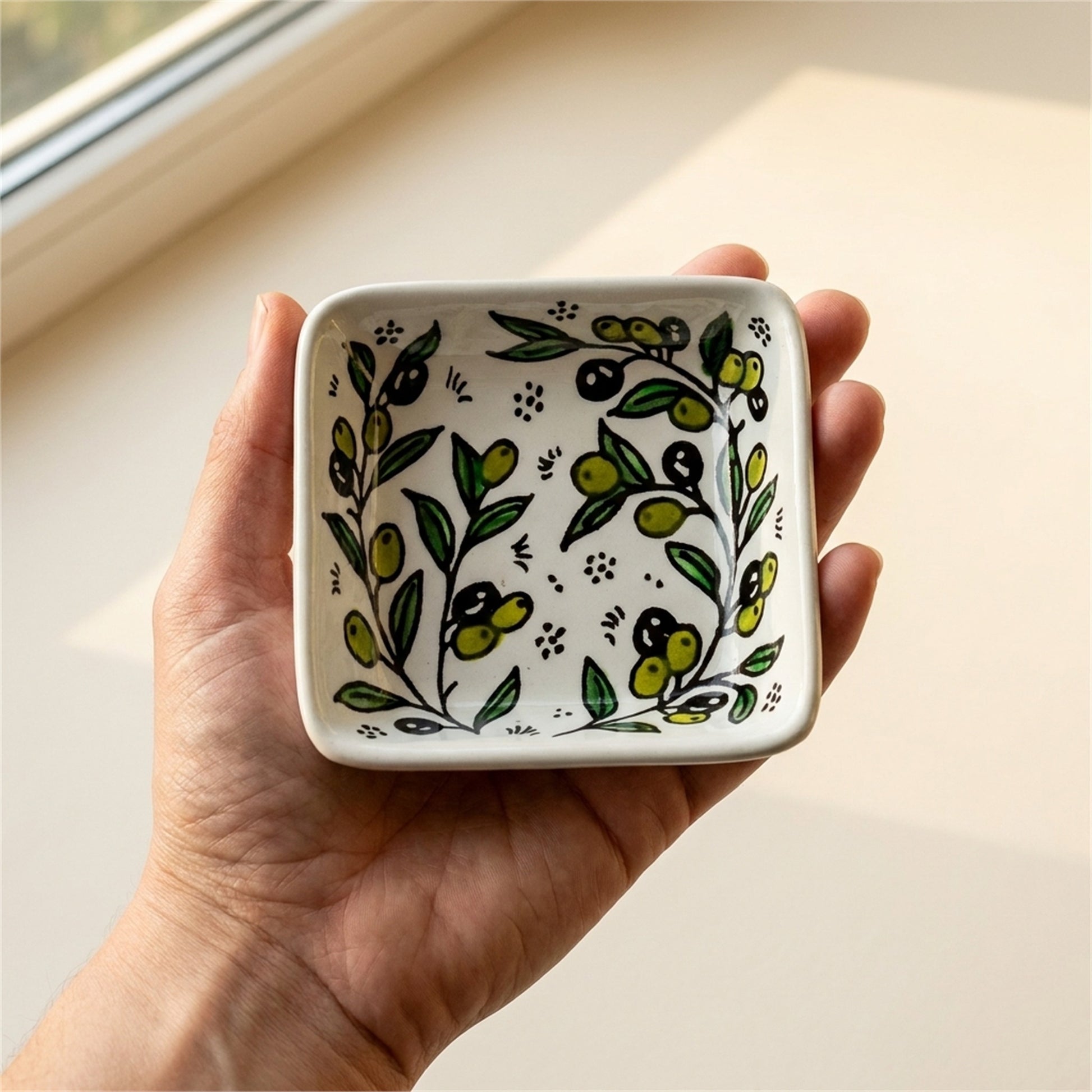Square Serving Bowl 3.94 Inch in Olive Green, held in hands to show scale
