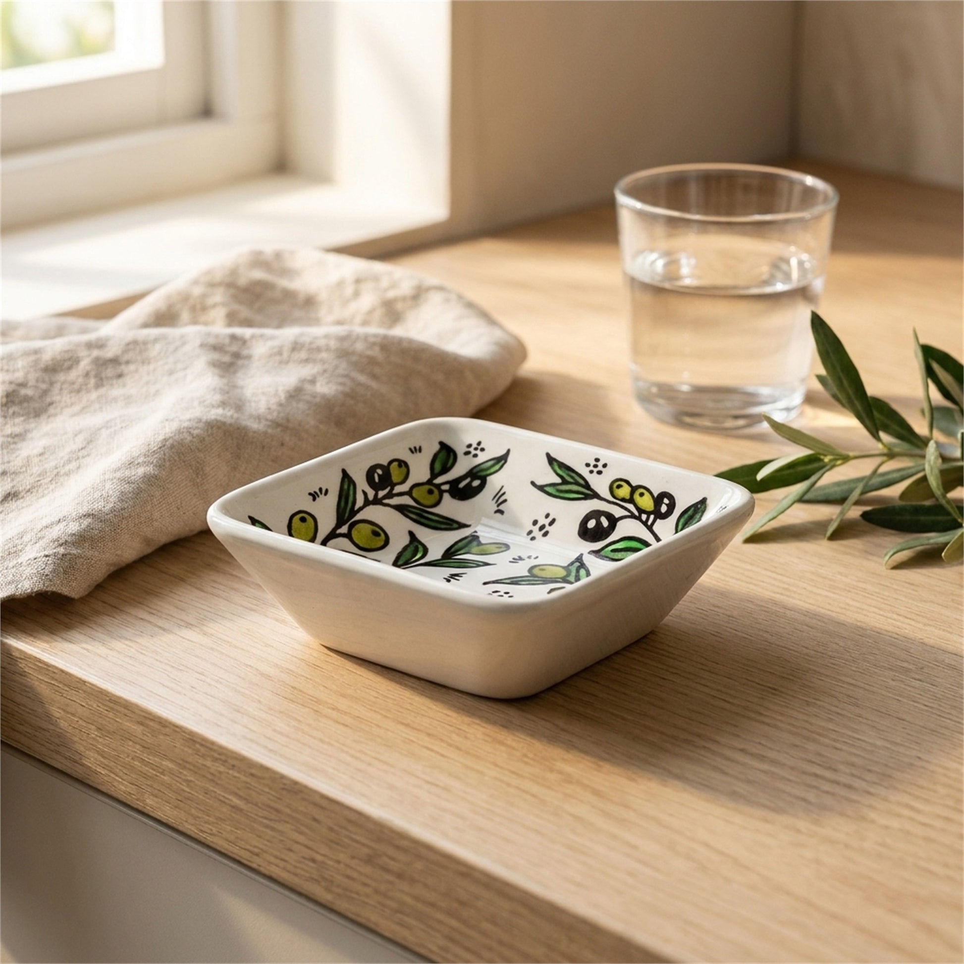 Square Serving Bowl 3.94 Inch in Olive Green, styled on a set table