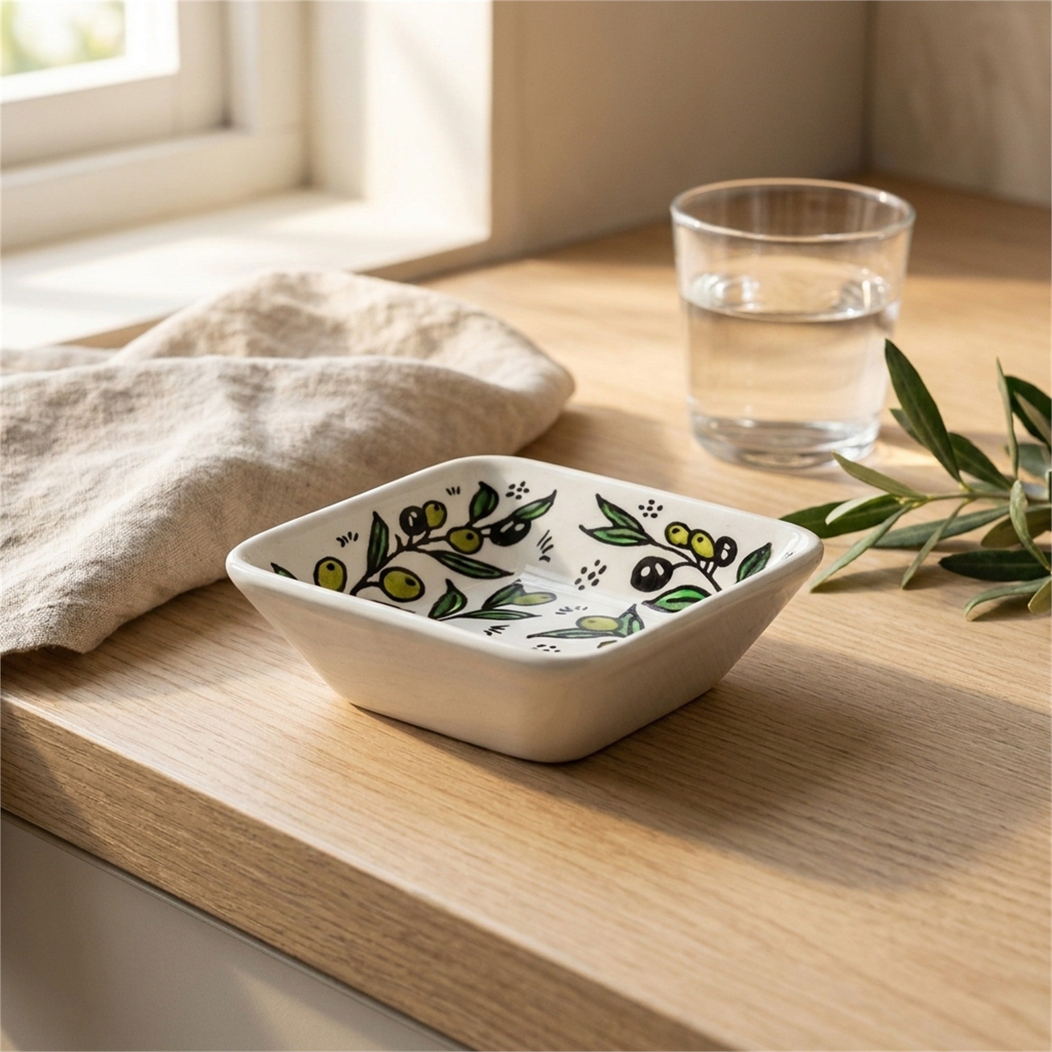 Square Serving Bowl 3.94 Inch in Olive Green, styled on a set table
