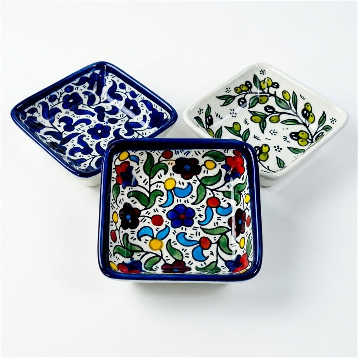 Square Serving Bowl 3.94 Inch shown in all three hand-painted patterns
