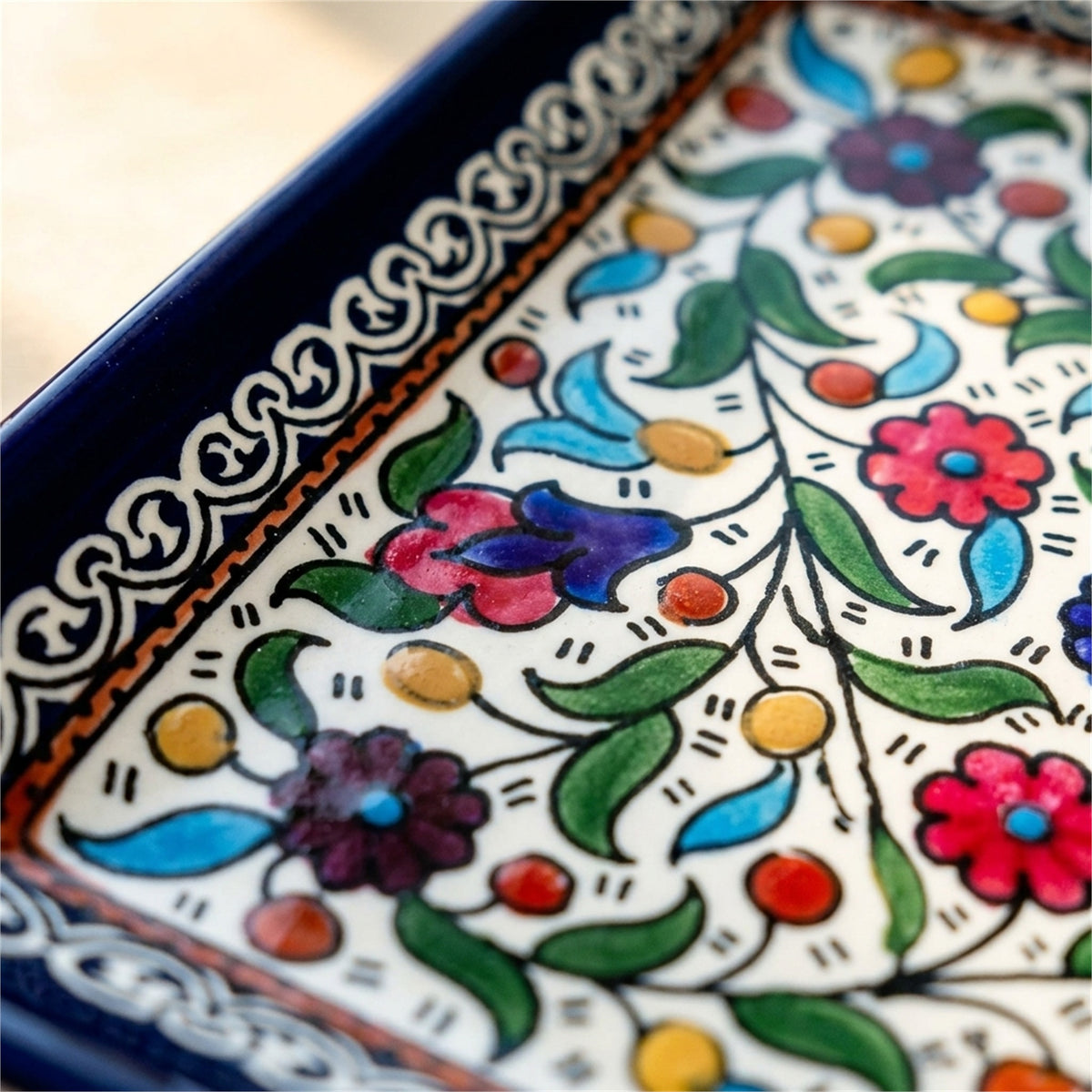 Square Serving Platter 6.69 Inch in Floral, close-up of the hand-painted detail