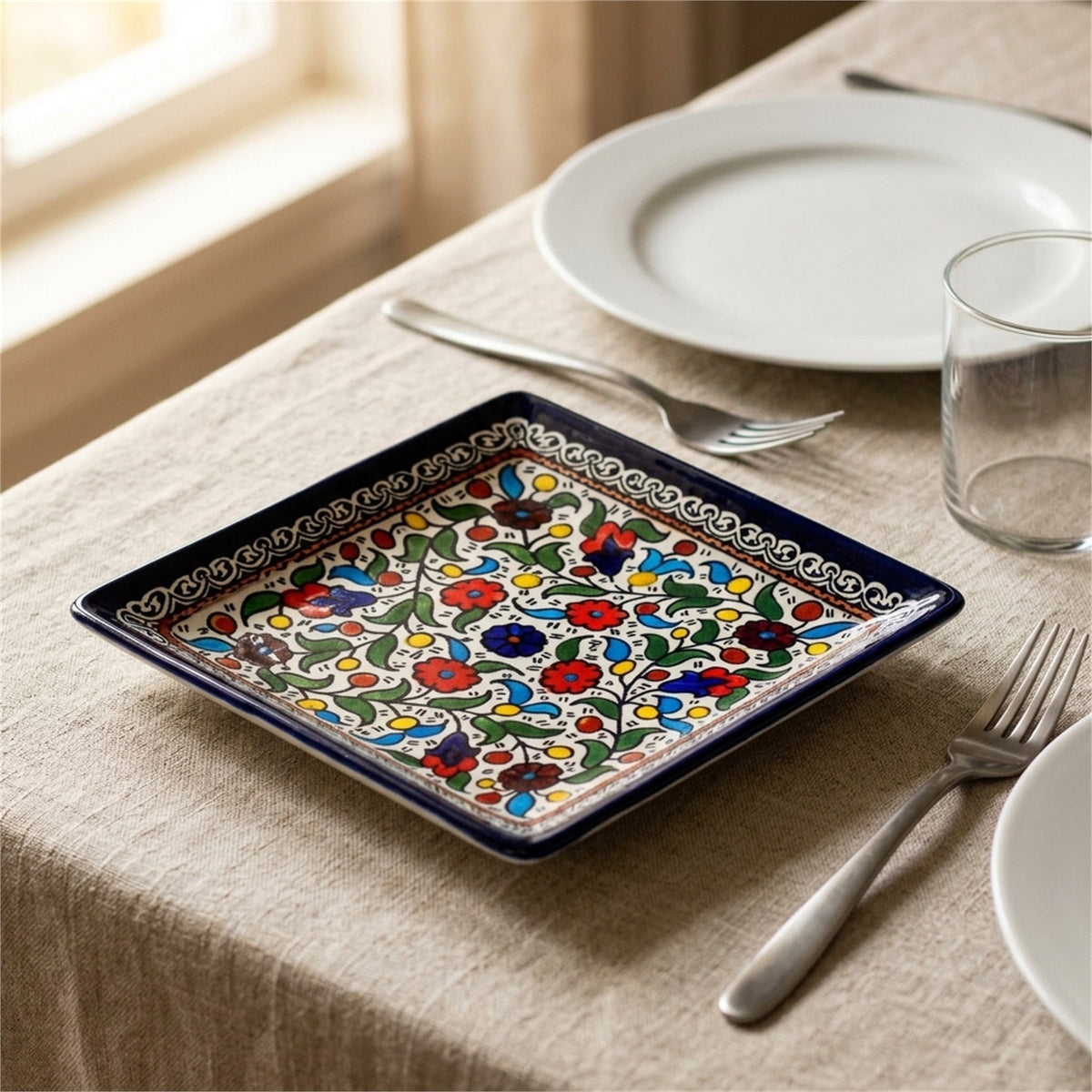 Square Serving Platter 6.69 Inch in Floral, styled on a set table