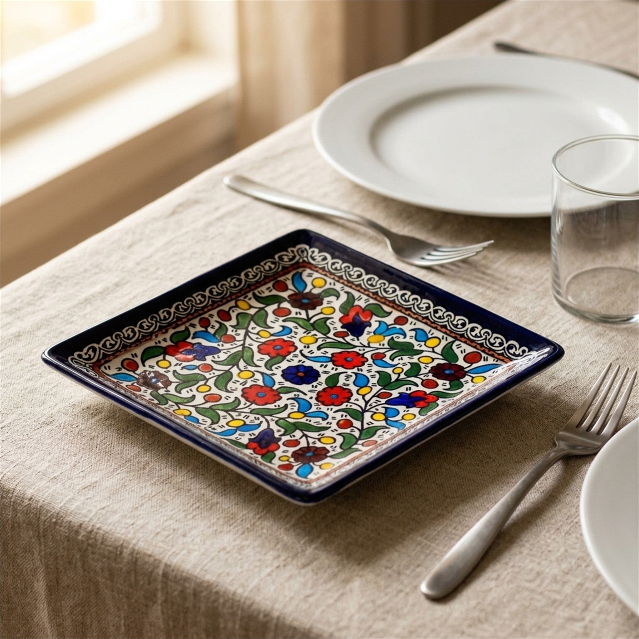 Square Serving Platter 6.69 Inch in Floral, styled on a set table