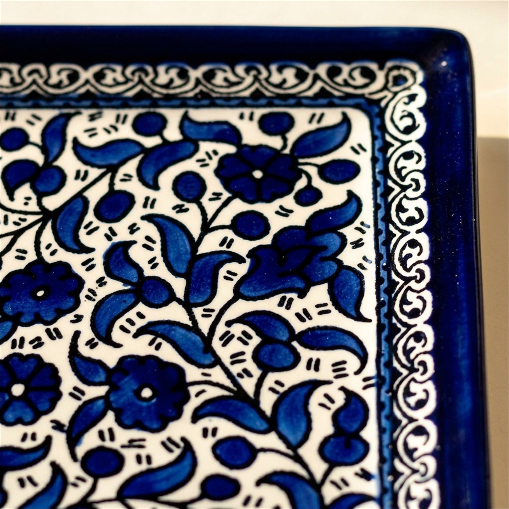 Square Serving Platter 6.69 Inch in Indigo, close-up of the hand-painted detail