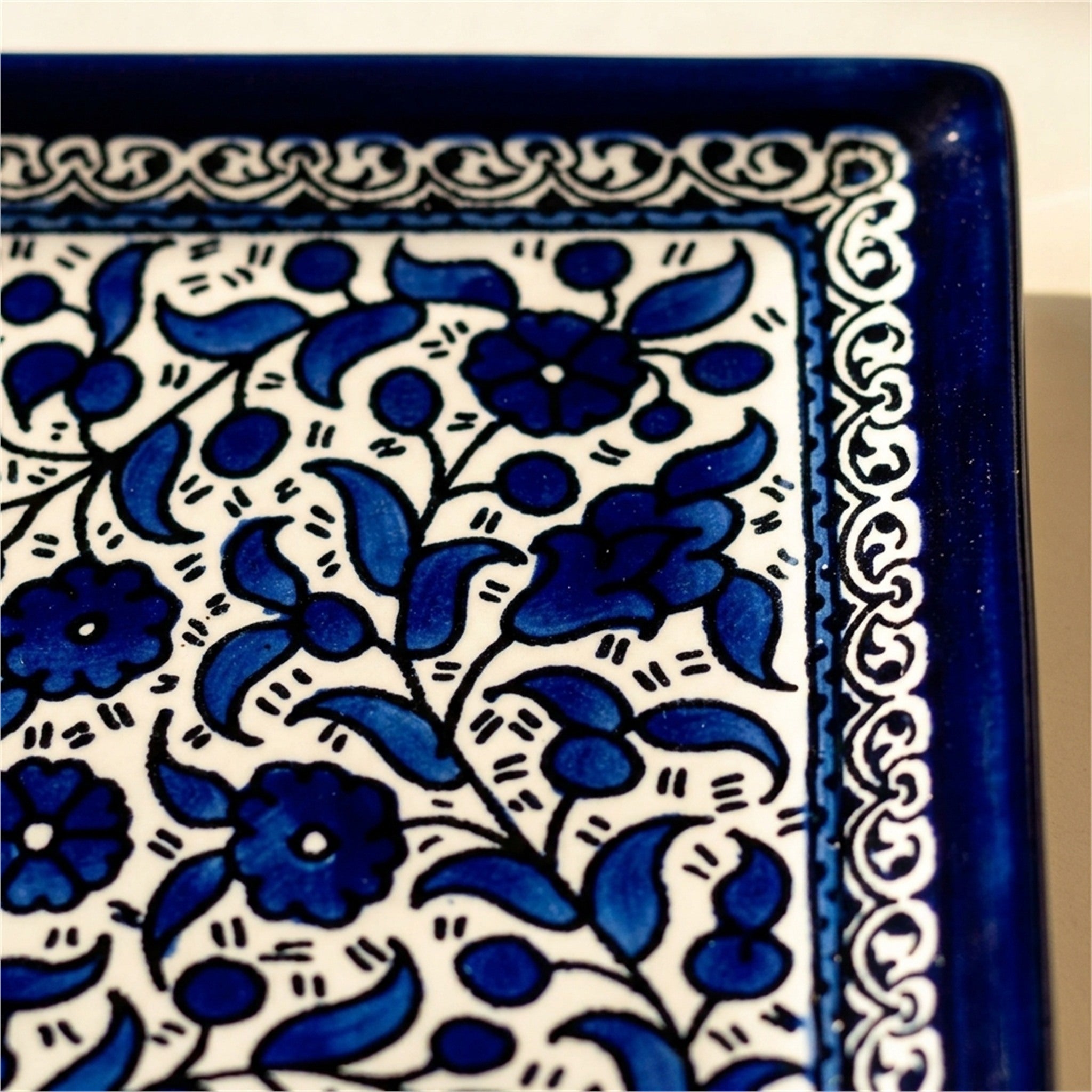 Square Serving Platter 6.69 Inch in Indigo, close-up of the hand-painted detail