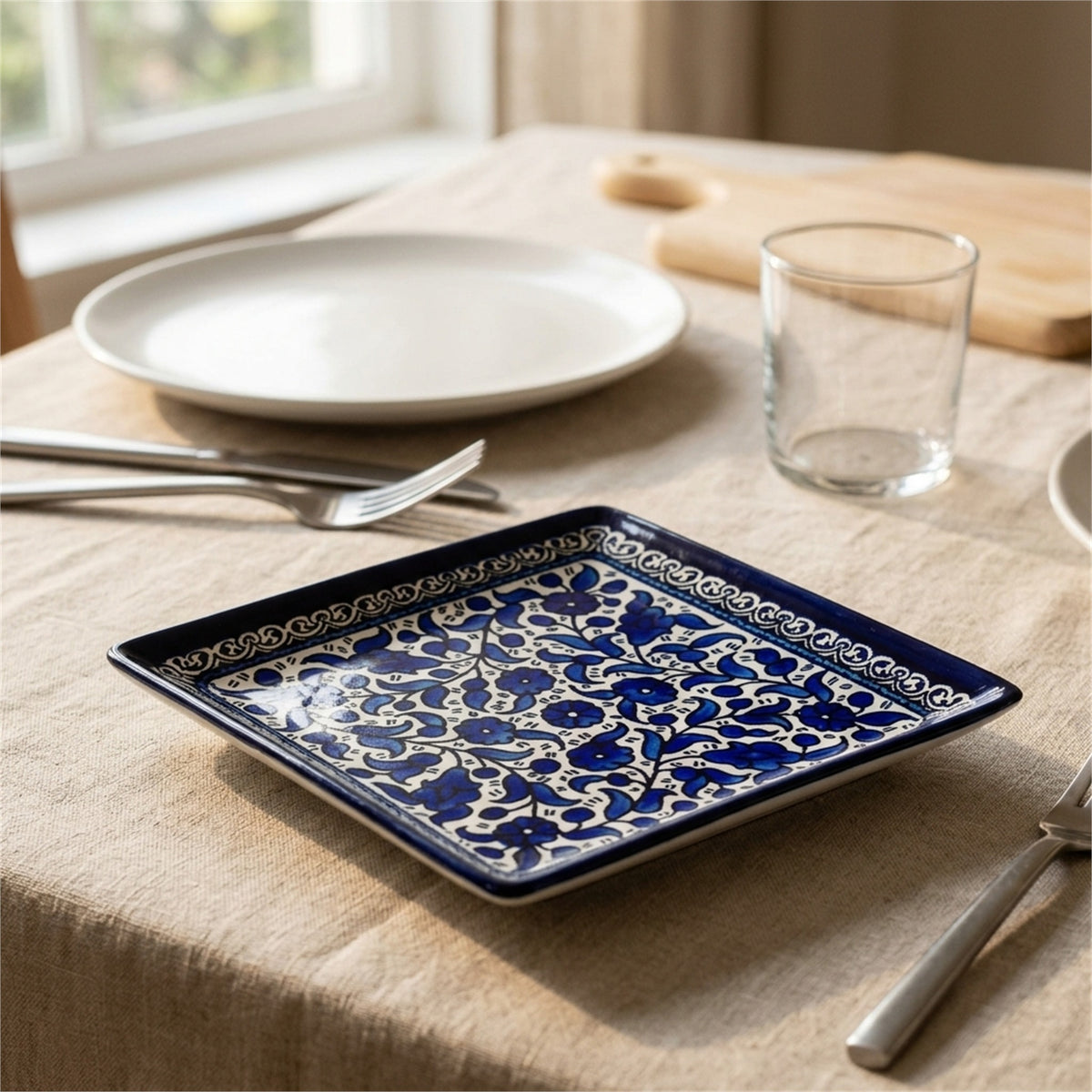 Square Serving Platter 6.69 Inch in Indigo, styled on a set table