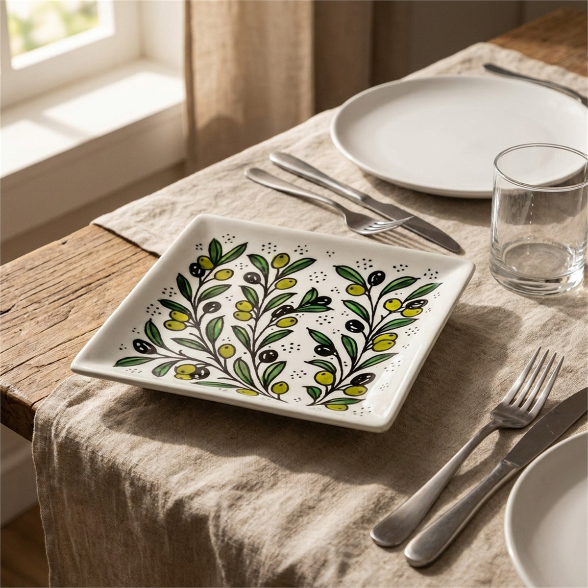 Square Serving Platter 6.69 Inch in Olive Green, styled on a set table