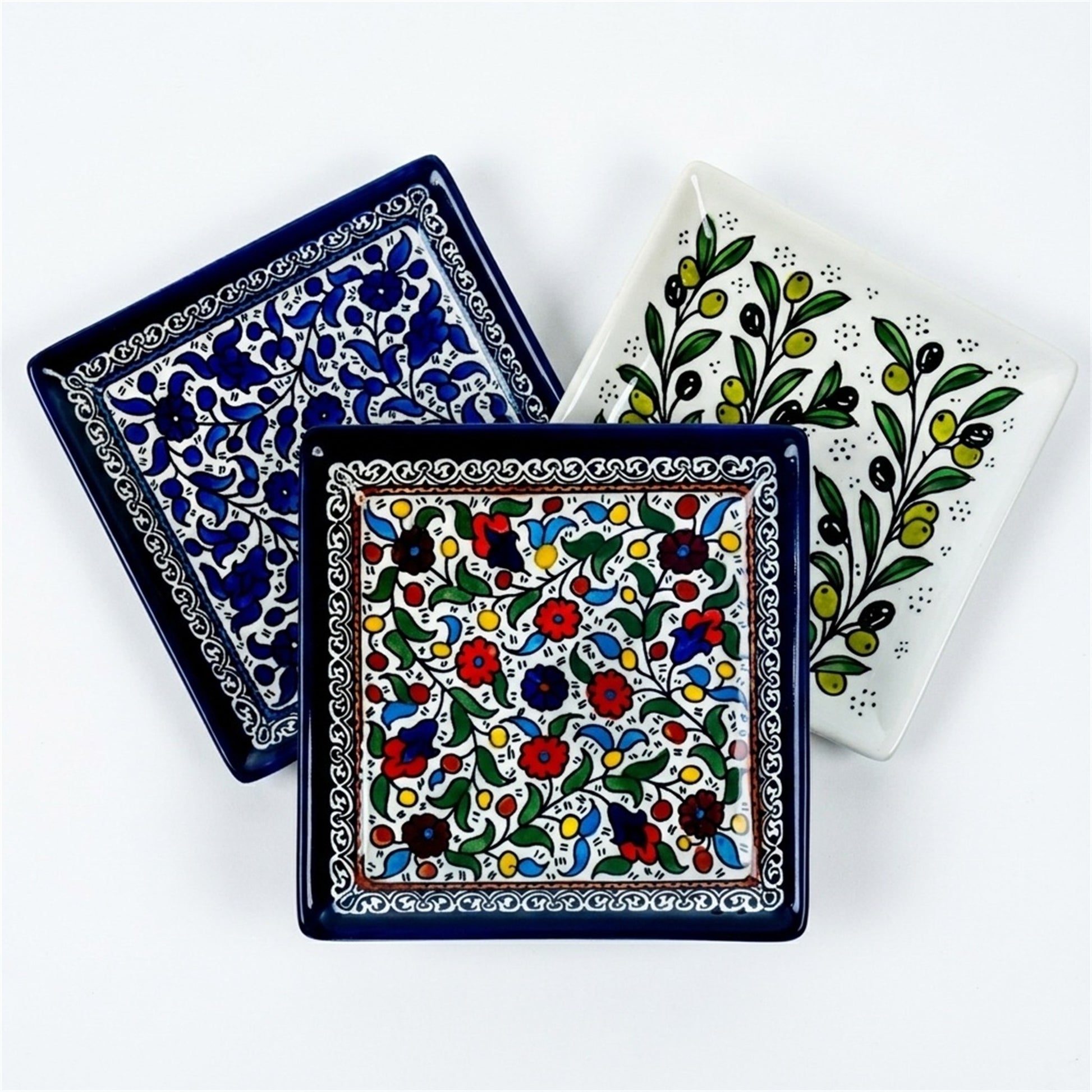 Square Serving Platter 6.69 Inch shown in all three hand-painted patterns